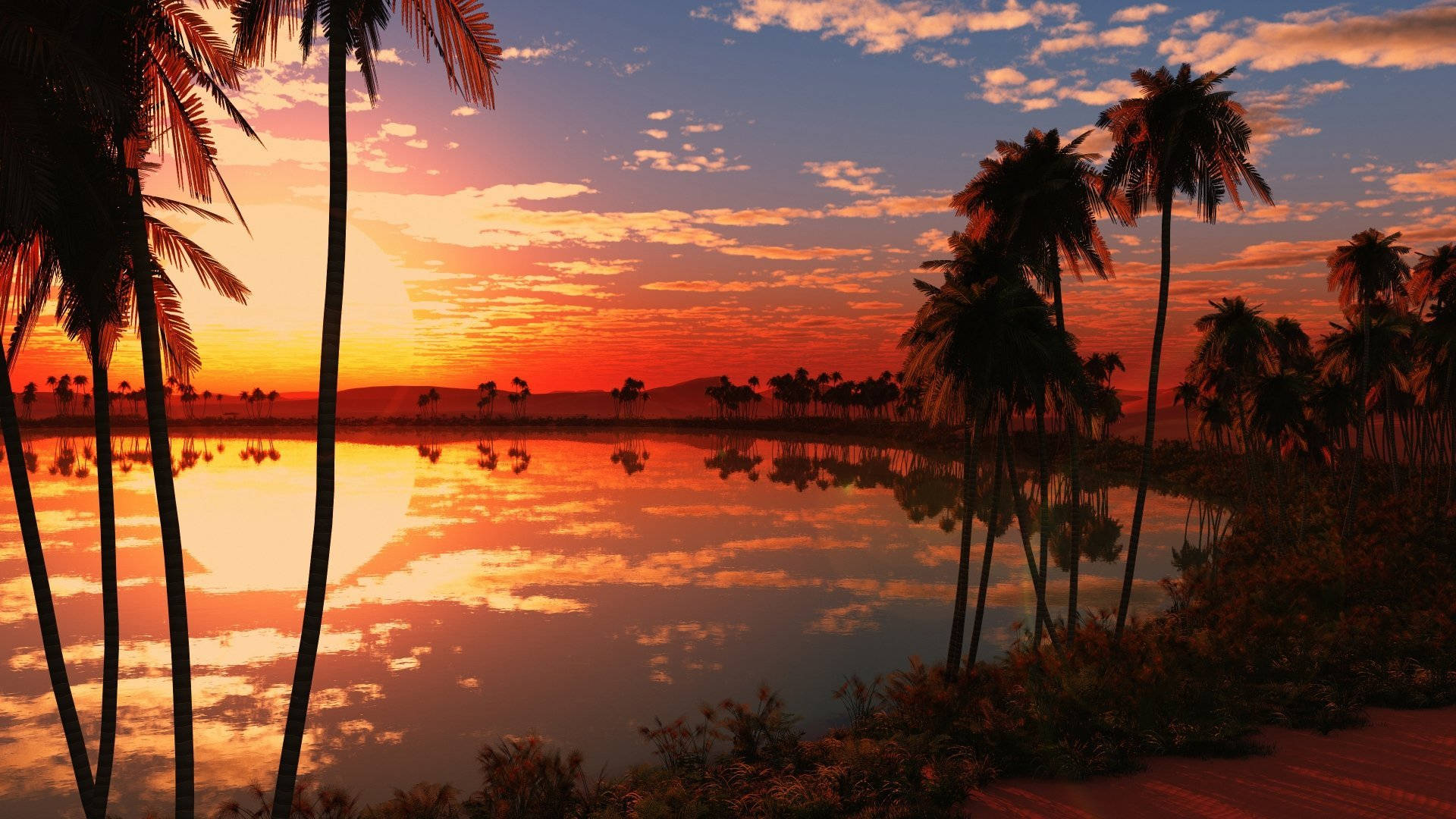 Sunset, palm trees, tropical lake, Full HD Desktop Wallpaper