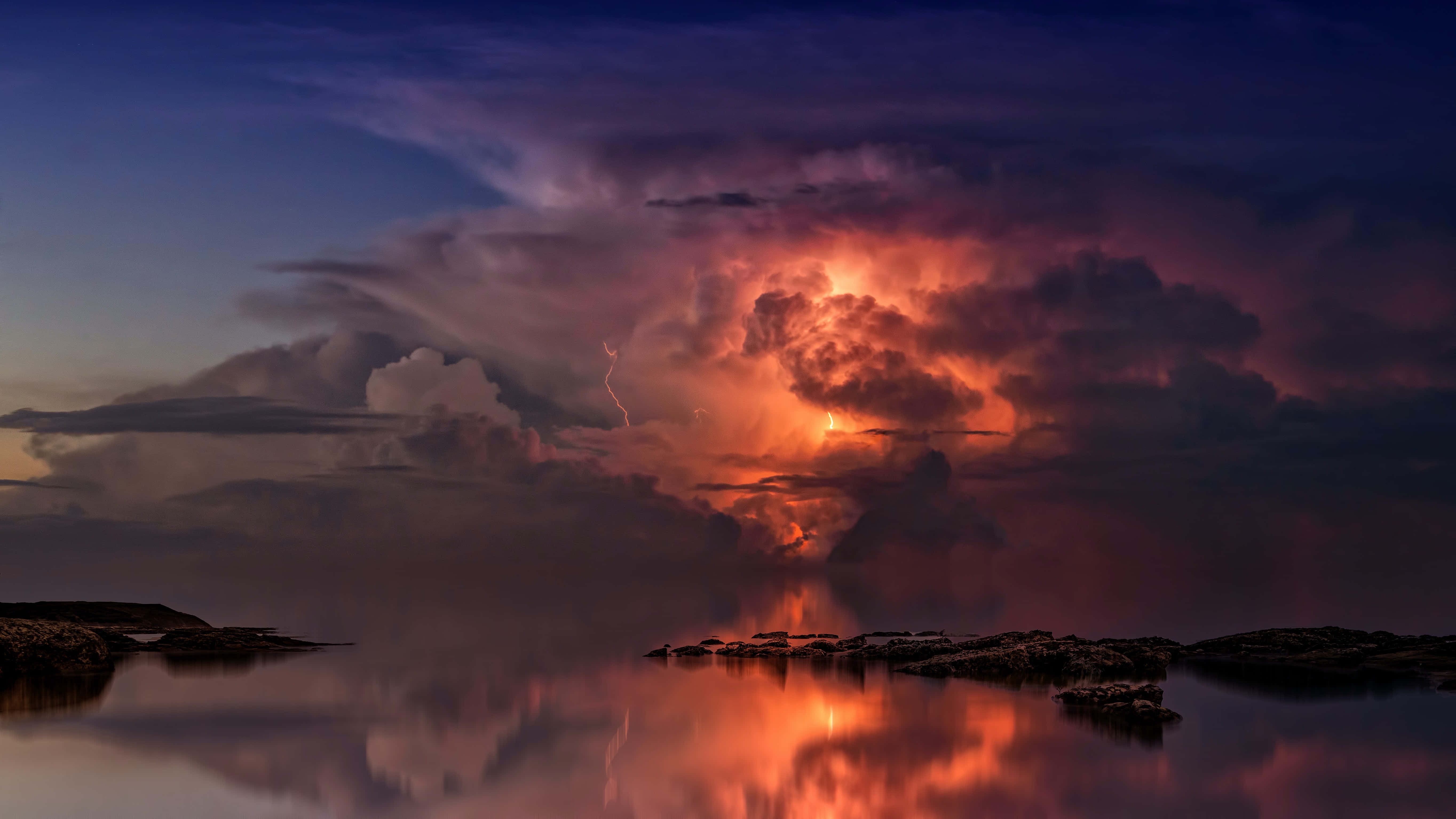 Dark Blue Sunset Cloud, storm cloud, calm water surface, 5K Desktop Wallpaper