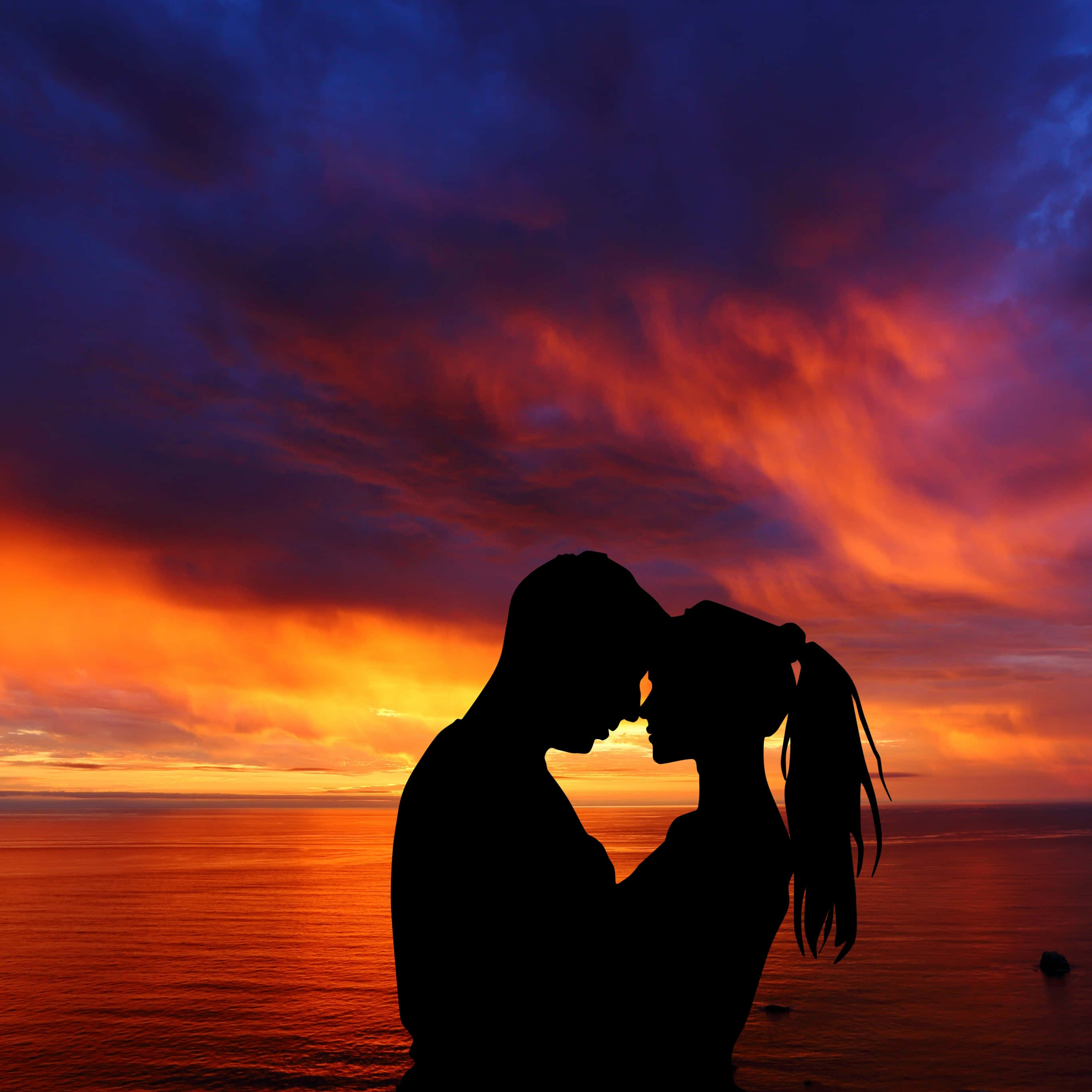 Purple Red Sunset Couple, fiery sunset, ocean, 2K Desktop Wallpaper