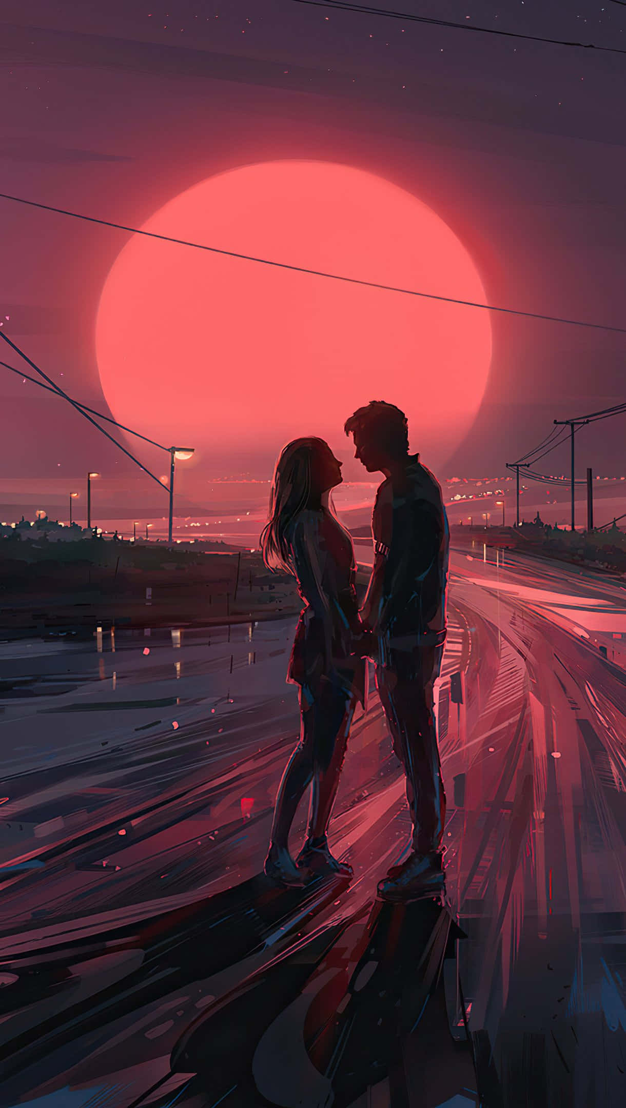 Sunset Couple, pink anime art, giant red sun, Full HD Phone Wallpaper