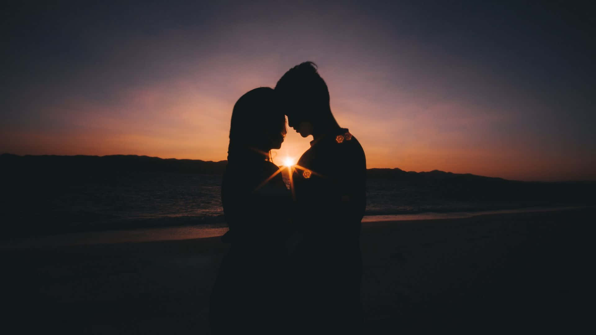 Orange Purple Sunset Couple, silhouetted couple, beach, Full HD Desktop Wallpaper