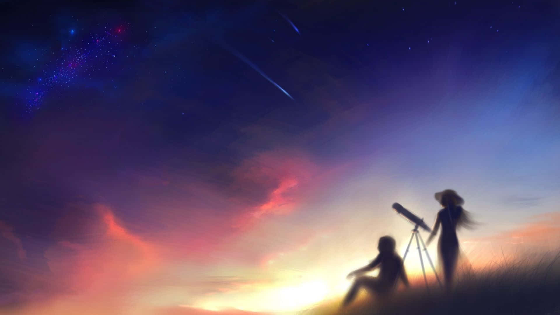 Sunset Couple, shooting star, twilight sky, Full HD Desktop Wallpaper