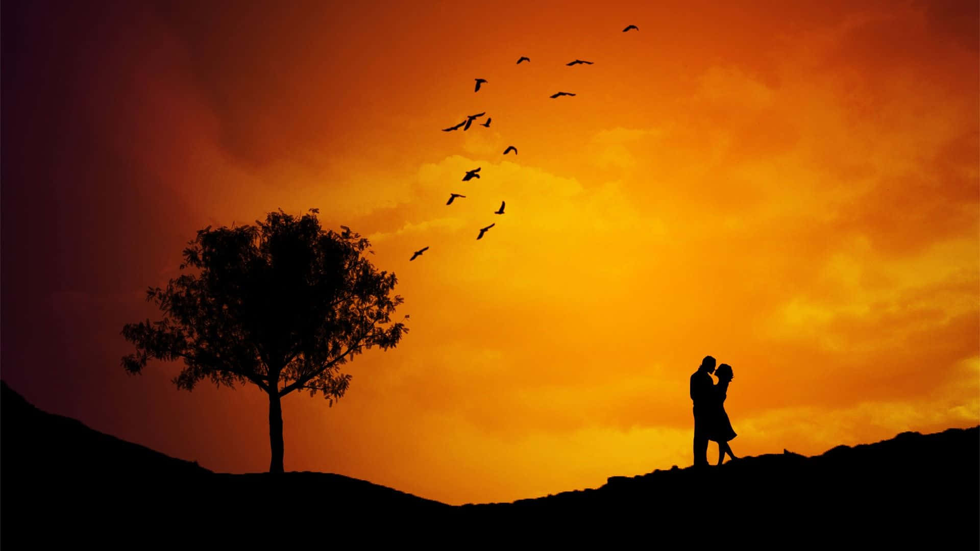 Aesthetic Orange Sunset Couple, silhouetted couple, hill, Full HD Desktop Wallpaper