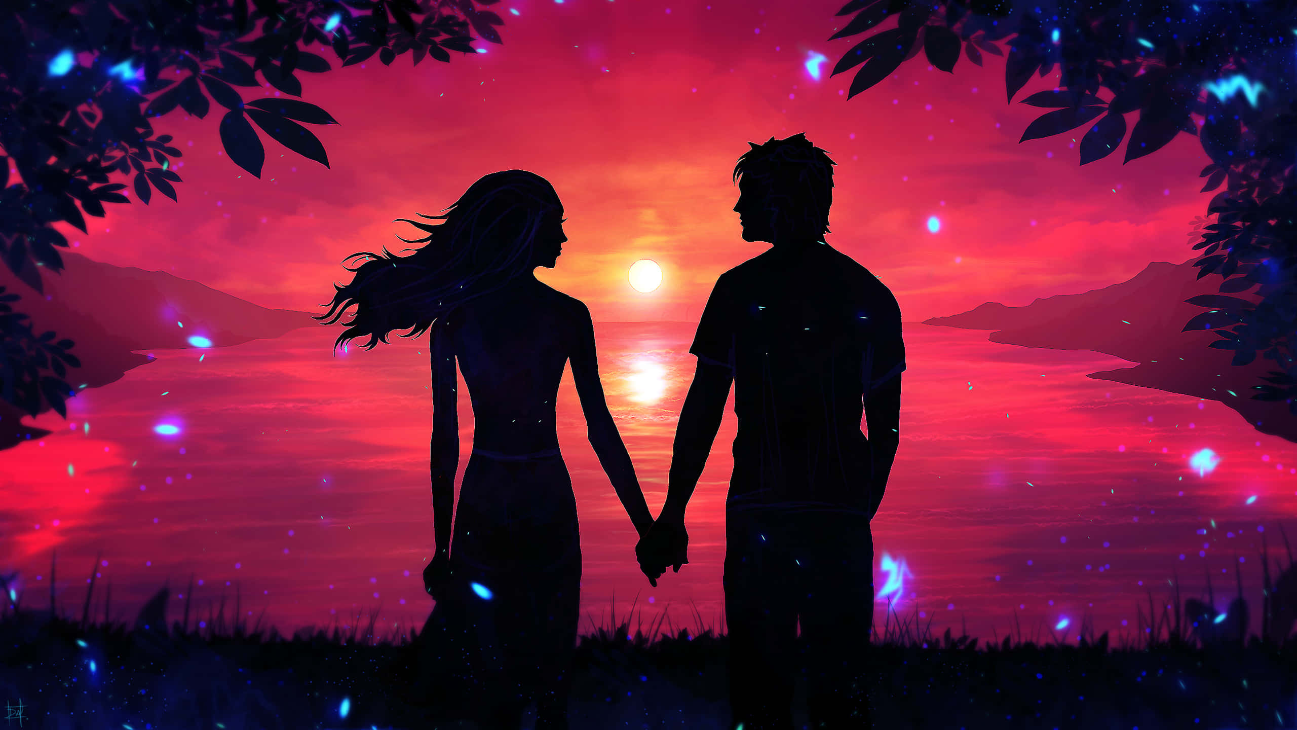 Sunset Couple, pink, glowing sunset, 2K Desktop Wallpaper