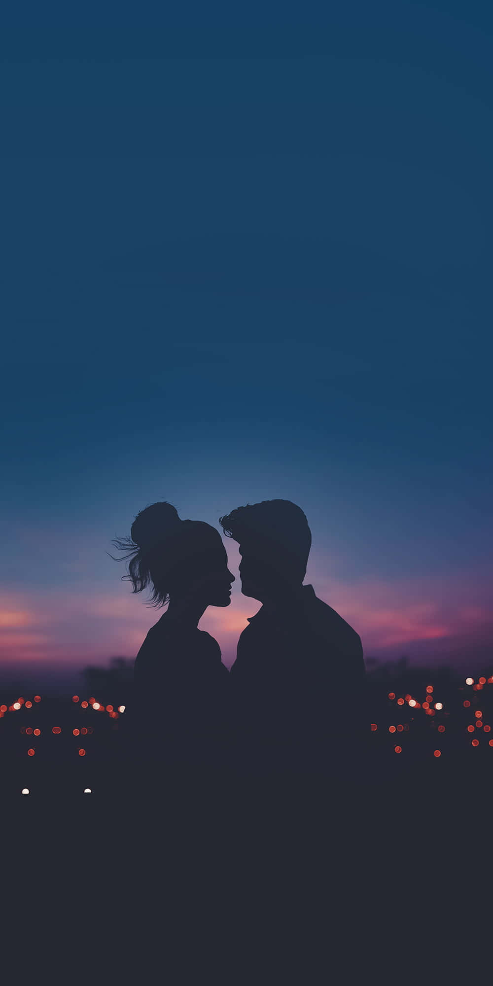 Romantic Silhouette Couple Sunset, twilight sky, bokeh city lights, Full HD Phone Wallpaper