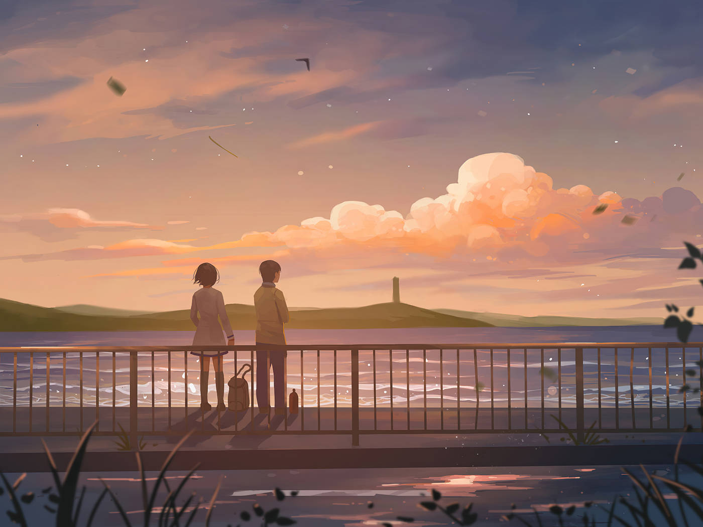 Sunset View Aesthetic Anime Couple, sunset, calm sea, HD Desktop Wallpaper