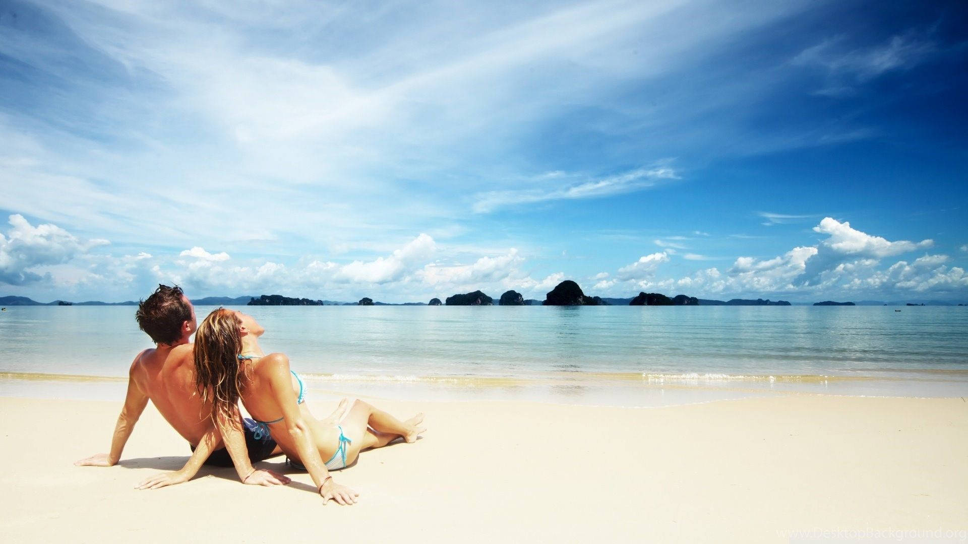 Couple, Sunset Beach, tropical beach, Full HD Desktop Wallpaper