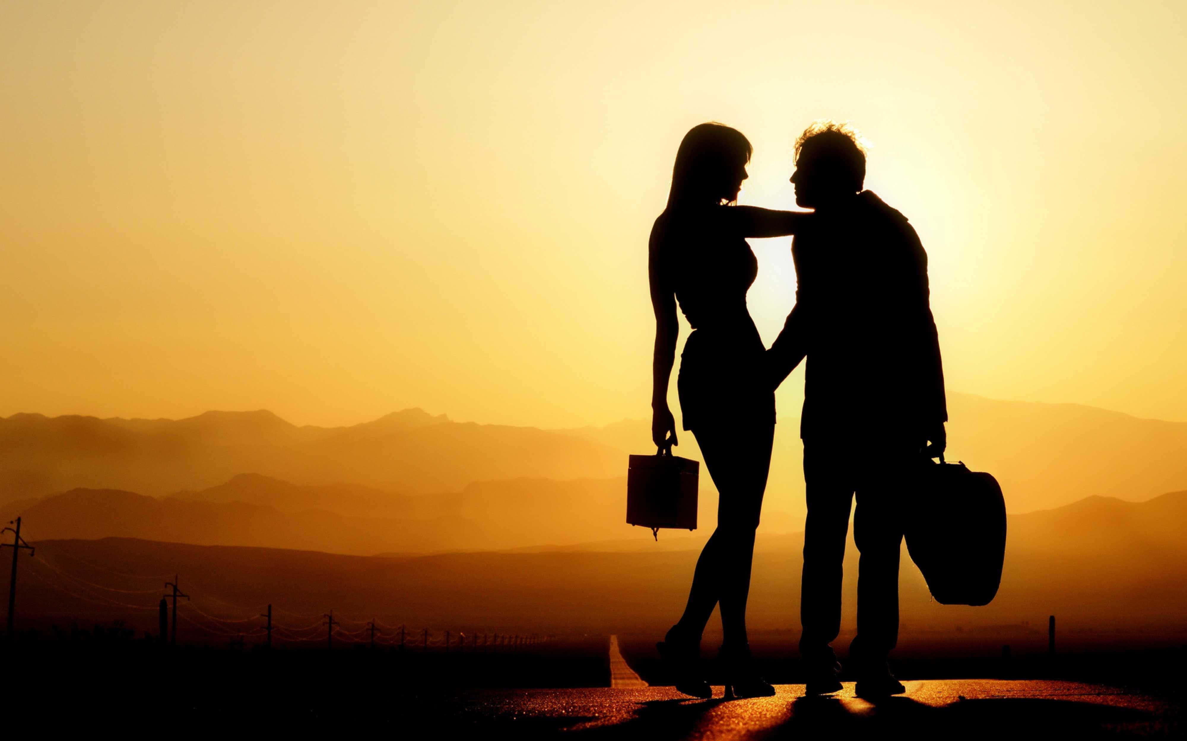 Sunset Couple, silhouette, couple holding hands, 4K Desktop Wallpaper