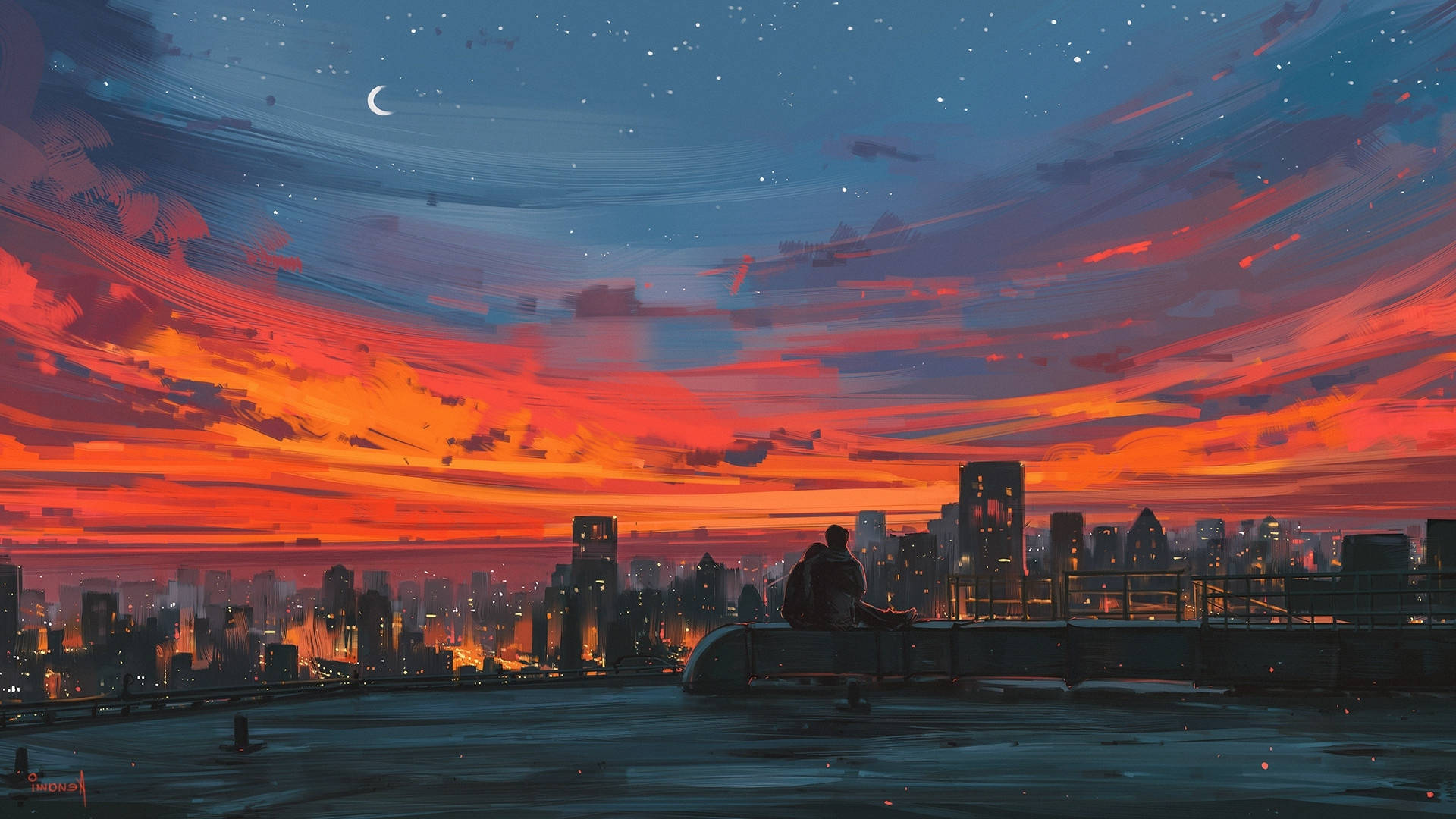 Sunset Couple, rooftop, city skyline, Full HD Desktop Wallpaper