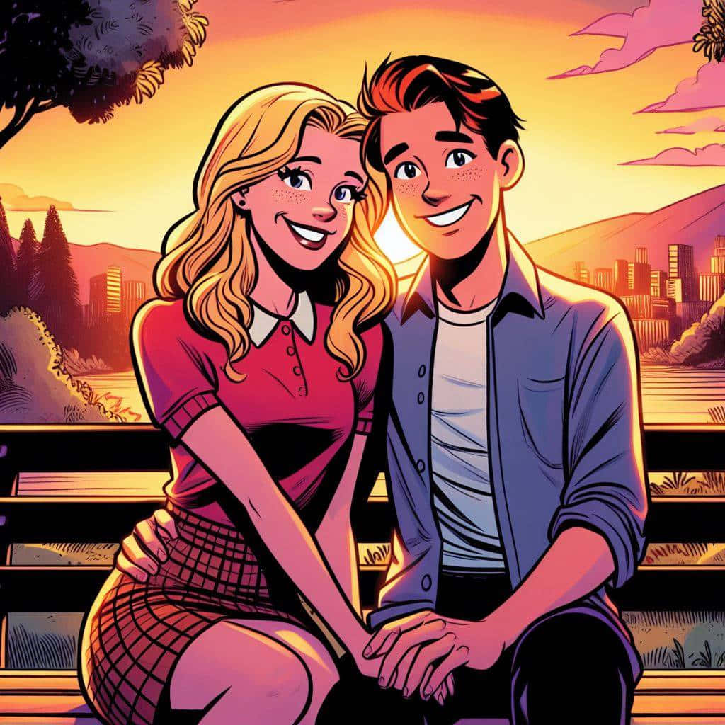 Sunset Couple, cartoon couple, bench, SD Desktop Wallpaper