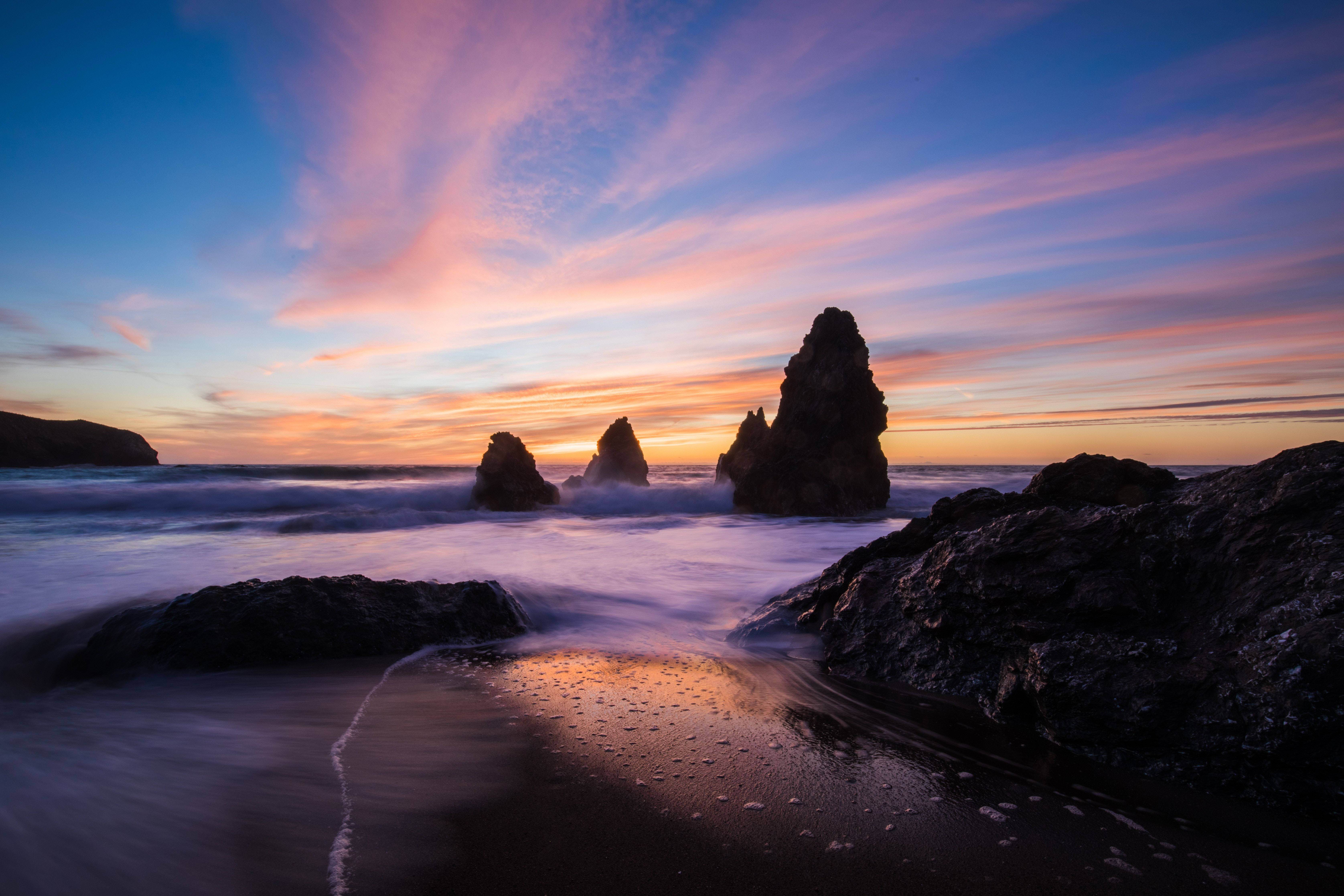 sunset, ocean, rocks, 5K Desktop Wallpaper