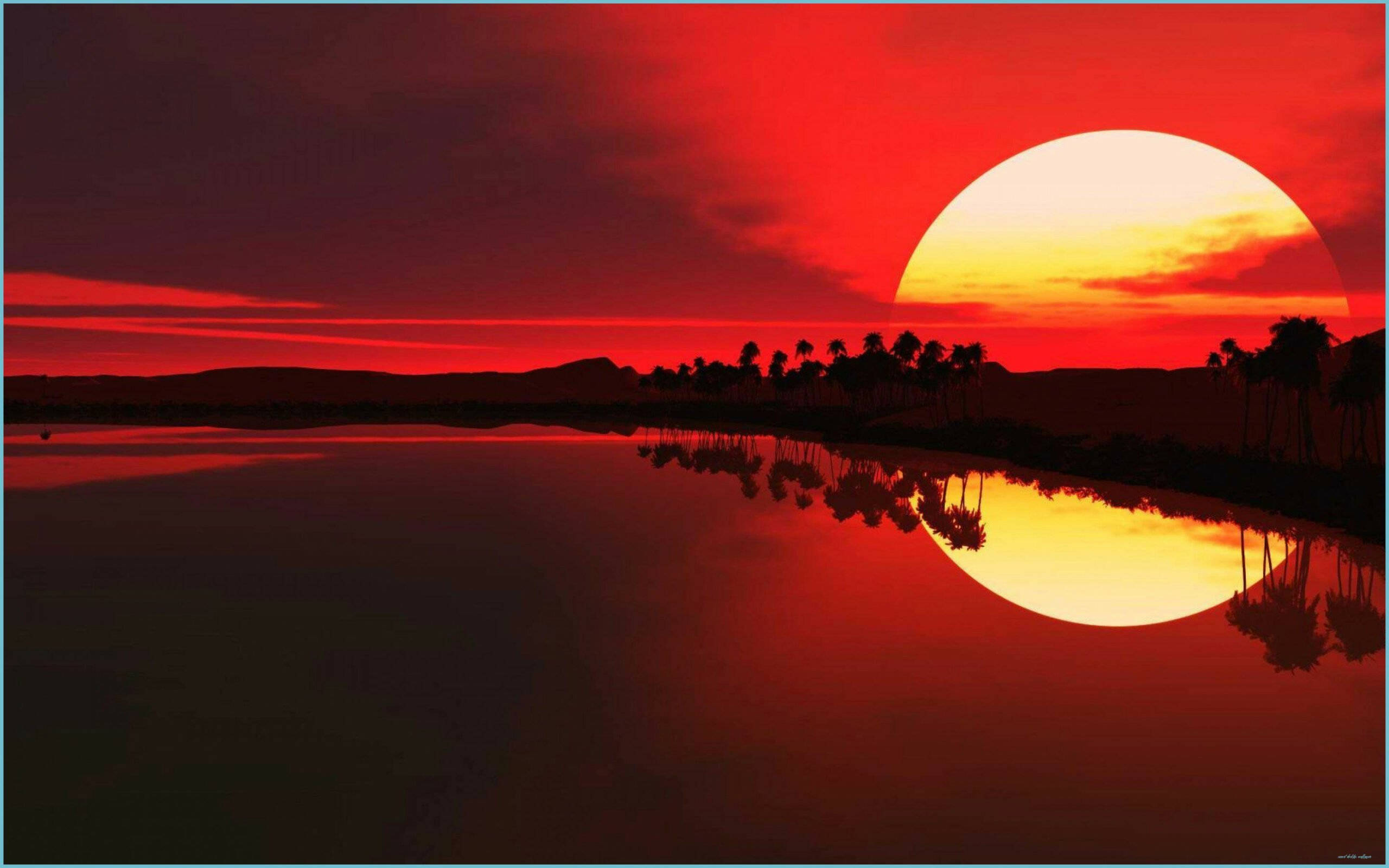 Huge Sunset Aesthetic, fiery red sunset, calm water, 2K Desktop Wallpaper