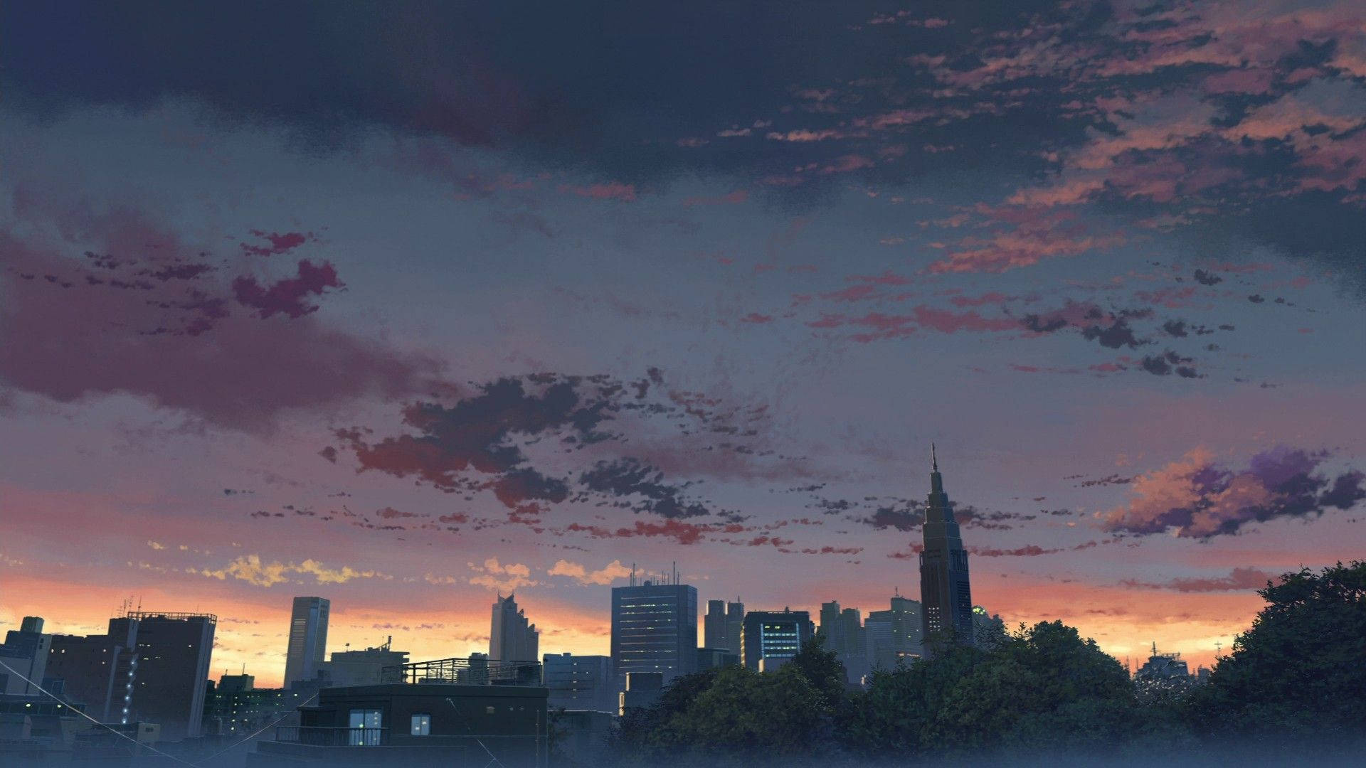 Sunset Aesthetic City, dusk, purple and orange clouds, Full HD Desktop Wallpaper