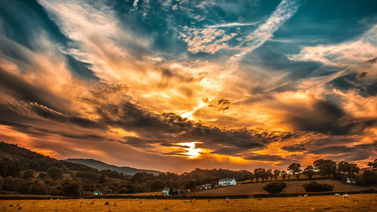 Farmland, sunset, fiery orange, HD Desktop Wallpaper