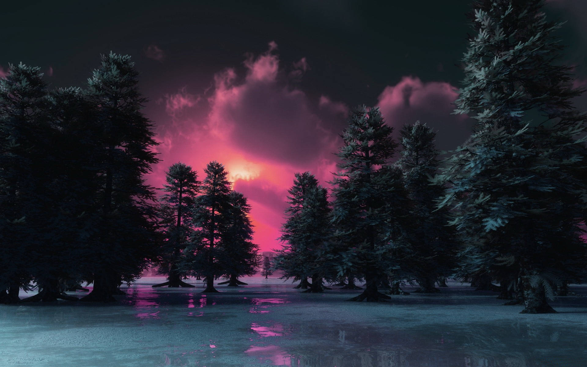 Dark Forest Sunset Desktop, surreal winter forest, dusk, Full HD Desktop Wallpaper