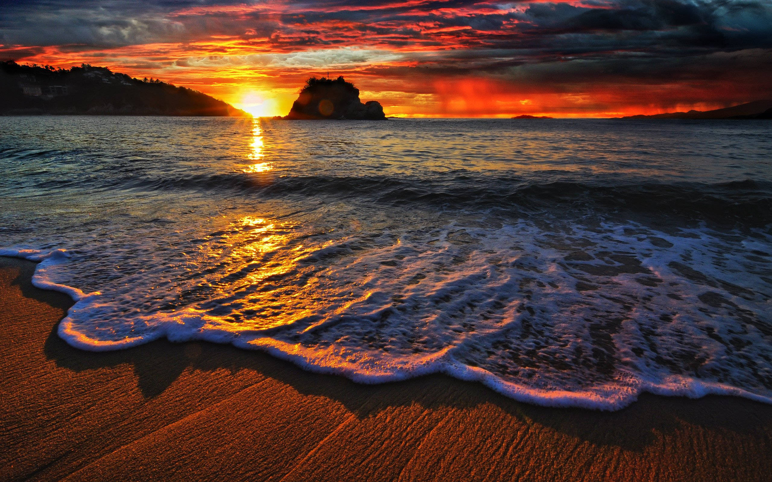 Sunset, ocean, fiery orange, 2K Desktop Wallpaper