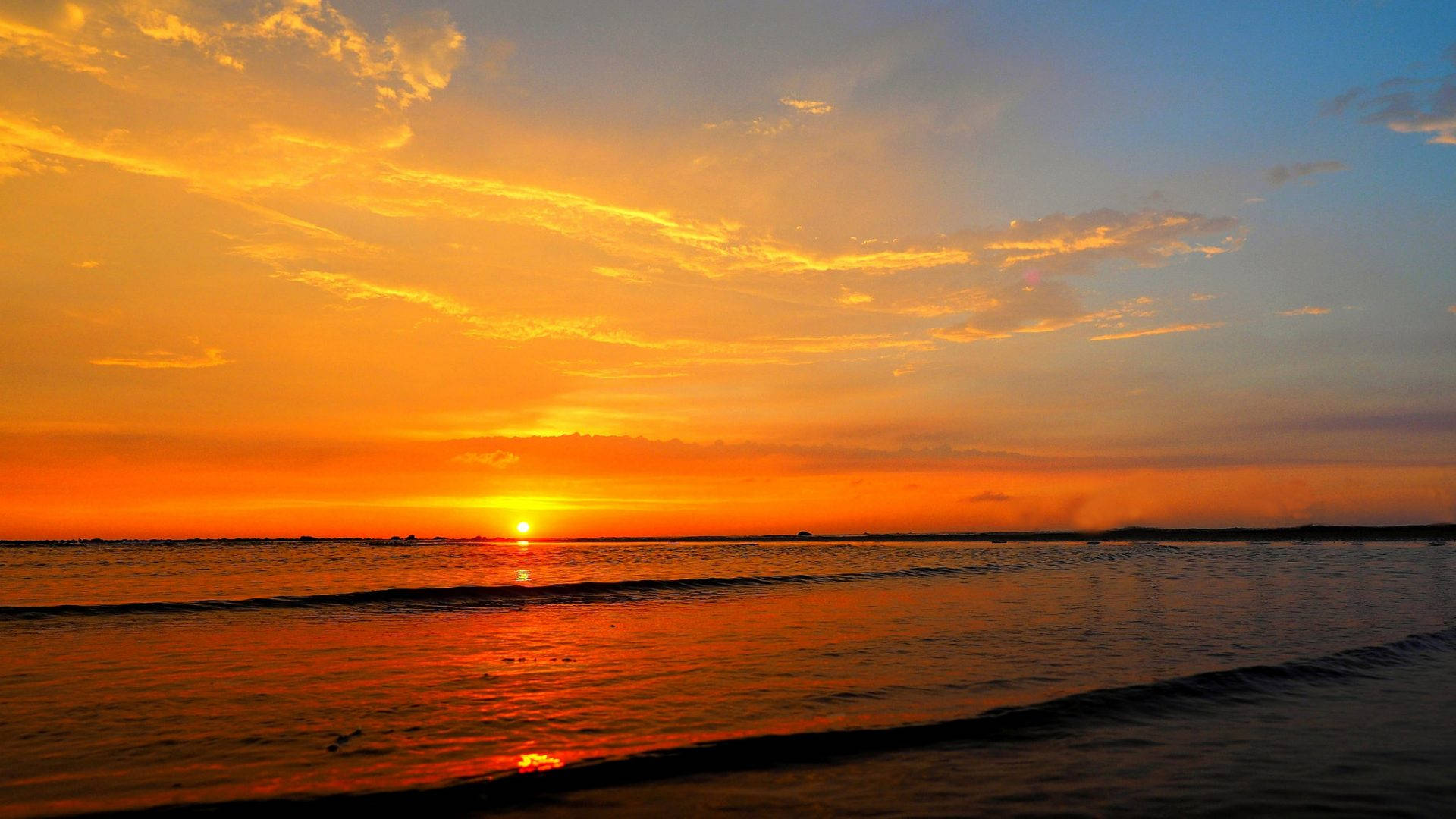 calm beach, sunset, fiery orange clouds, Full HD Desktop Wallpaper