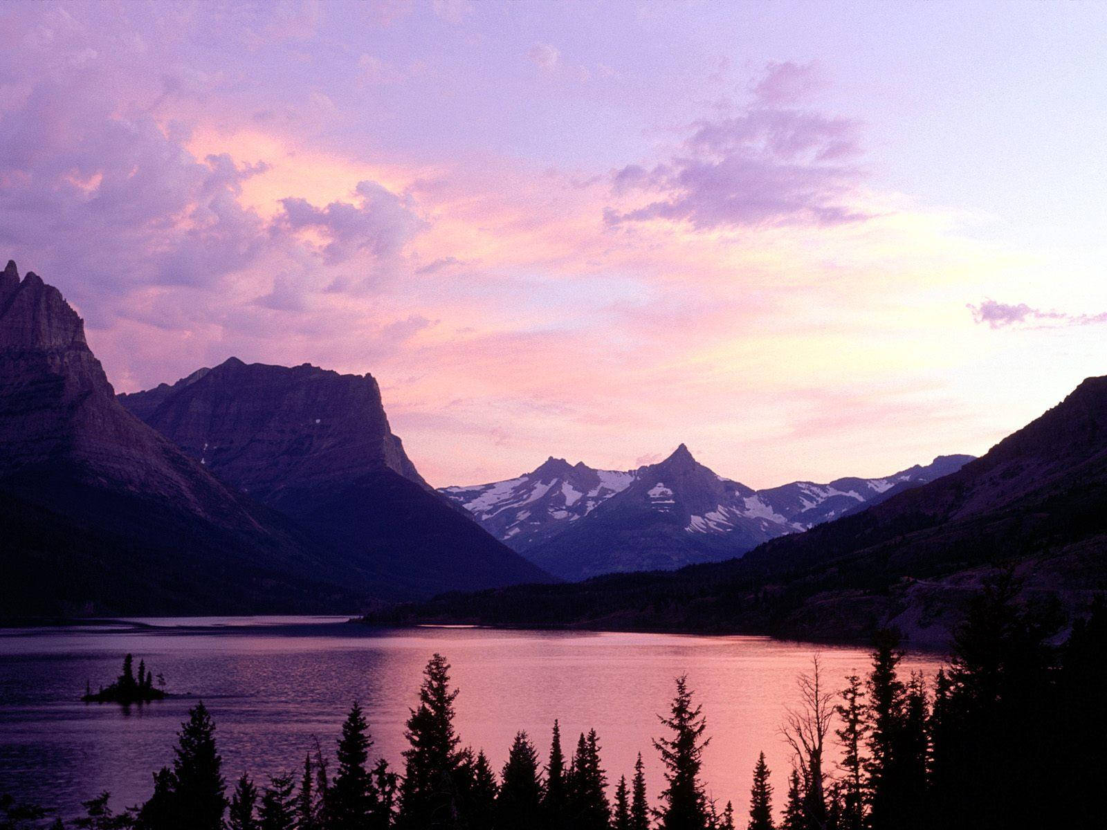 vibrant pink and purple sunset, serene lake, snow-capped mountains, HD Desktop Wallpaper