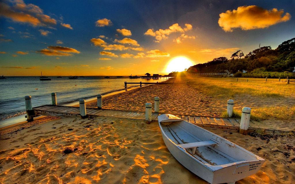 golden sunset, calm ocean, white rowboat, SD Desktop Wallpaper