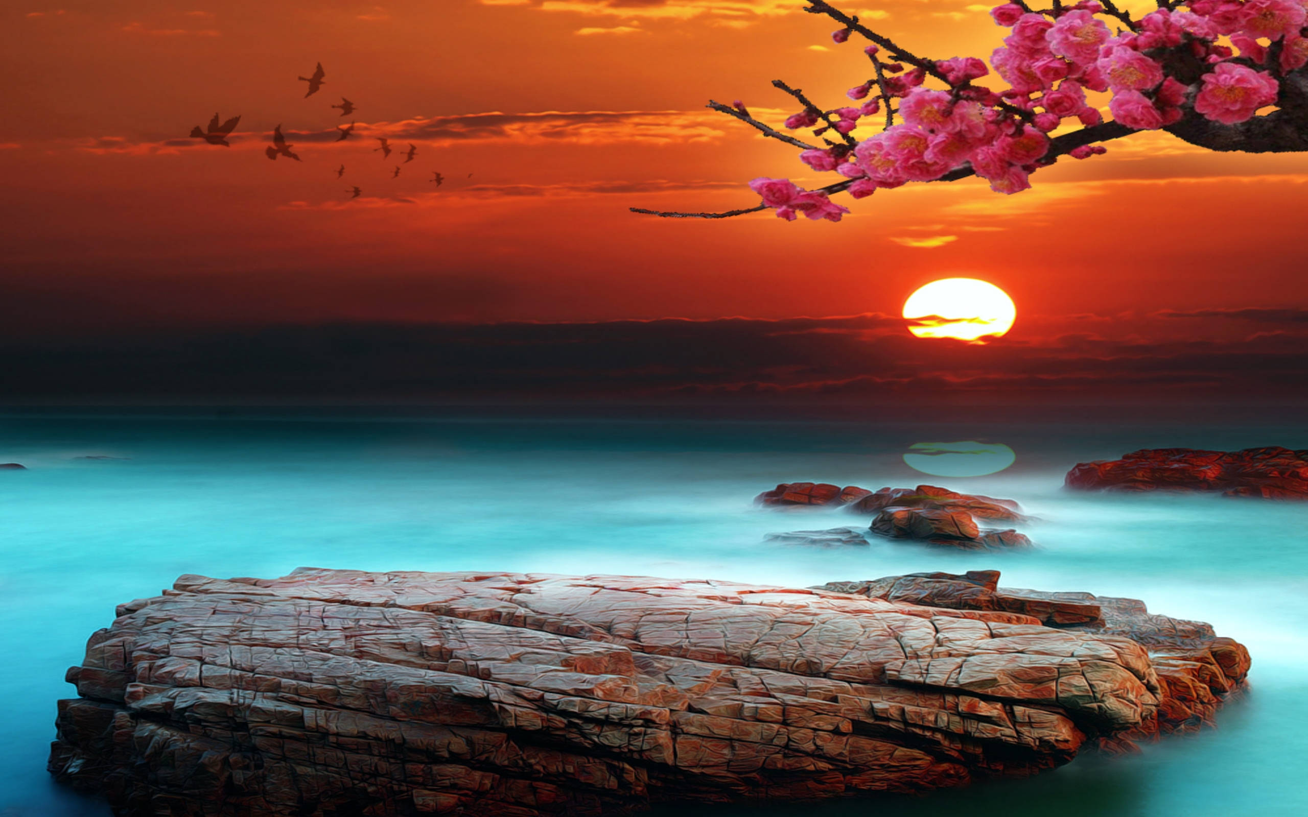 Blue Lake Sunset Desktop, turquoise waters, pink cherry blossoms, 2K Desktop Wallpaper