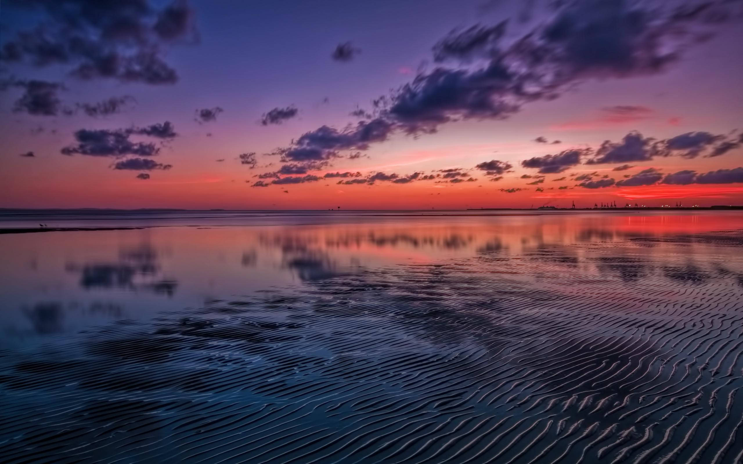 shallow beach, sunset, fiery orange, 2K Desktop Wallpaper