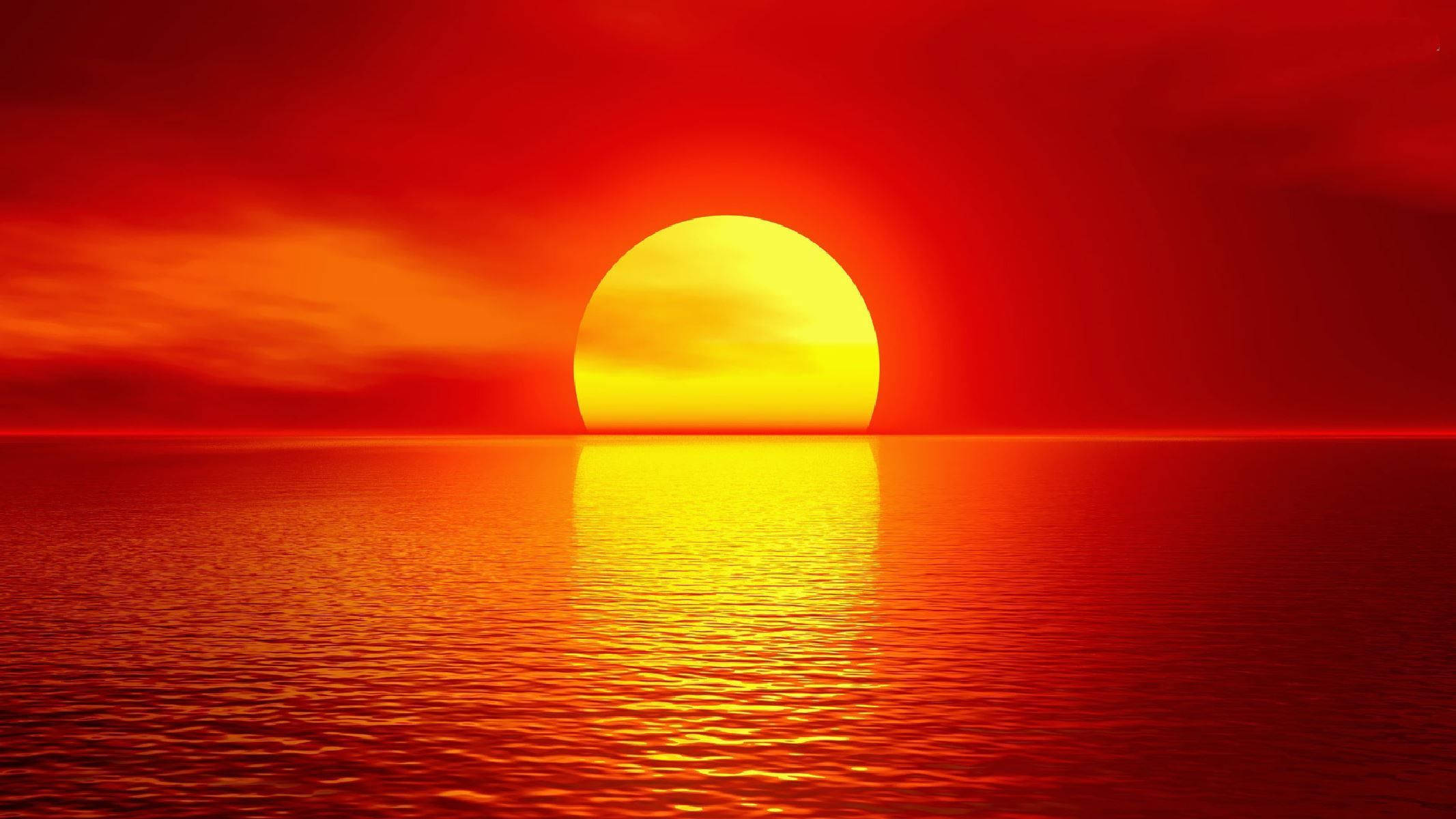 ocean, yellow sunset, fiery red sun, Full HD Desktop Wallpaper