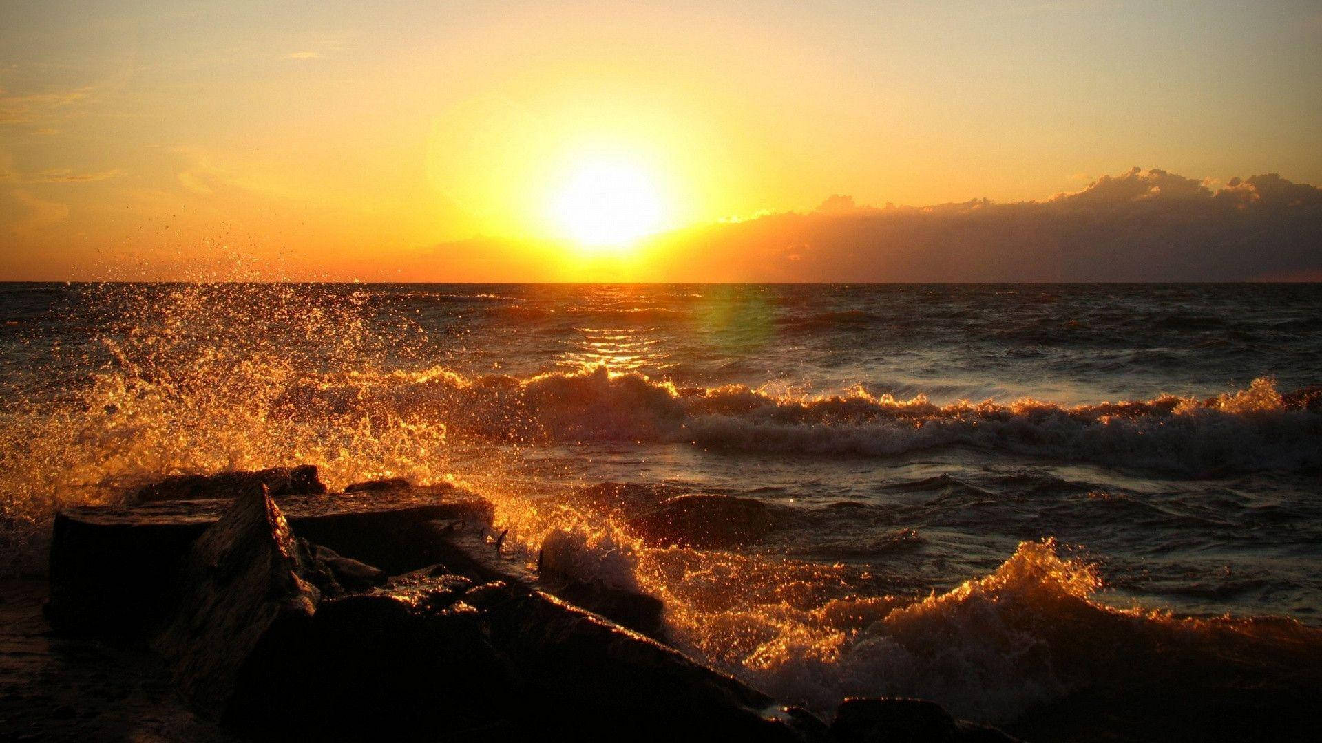Sunset, Ocean, Crashing Waves, Full HD Desktop Wallpaper