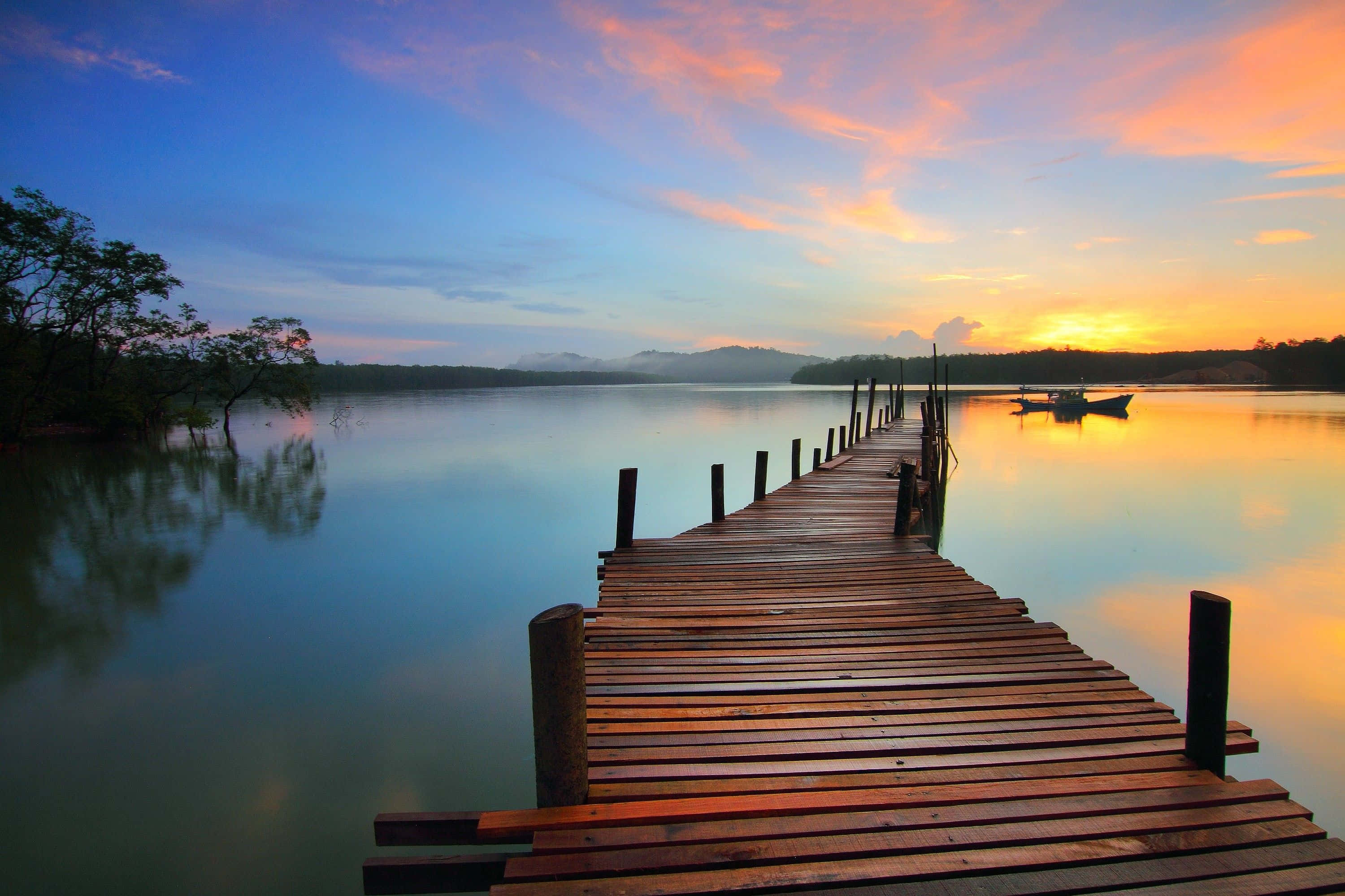 sunset, wooden pier, calm lake, 2K Desktop Wallpaper