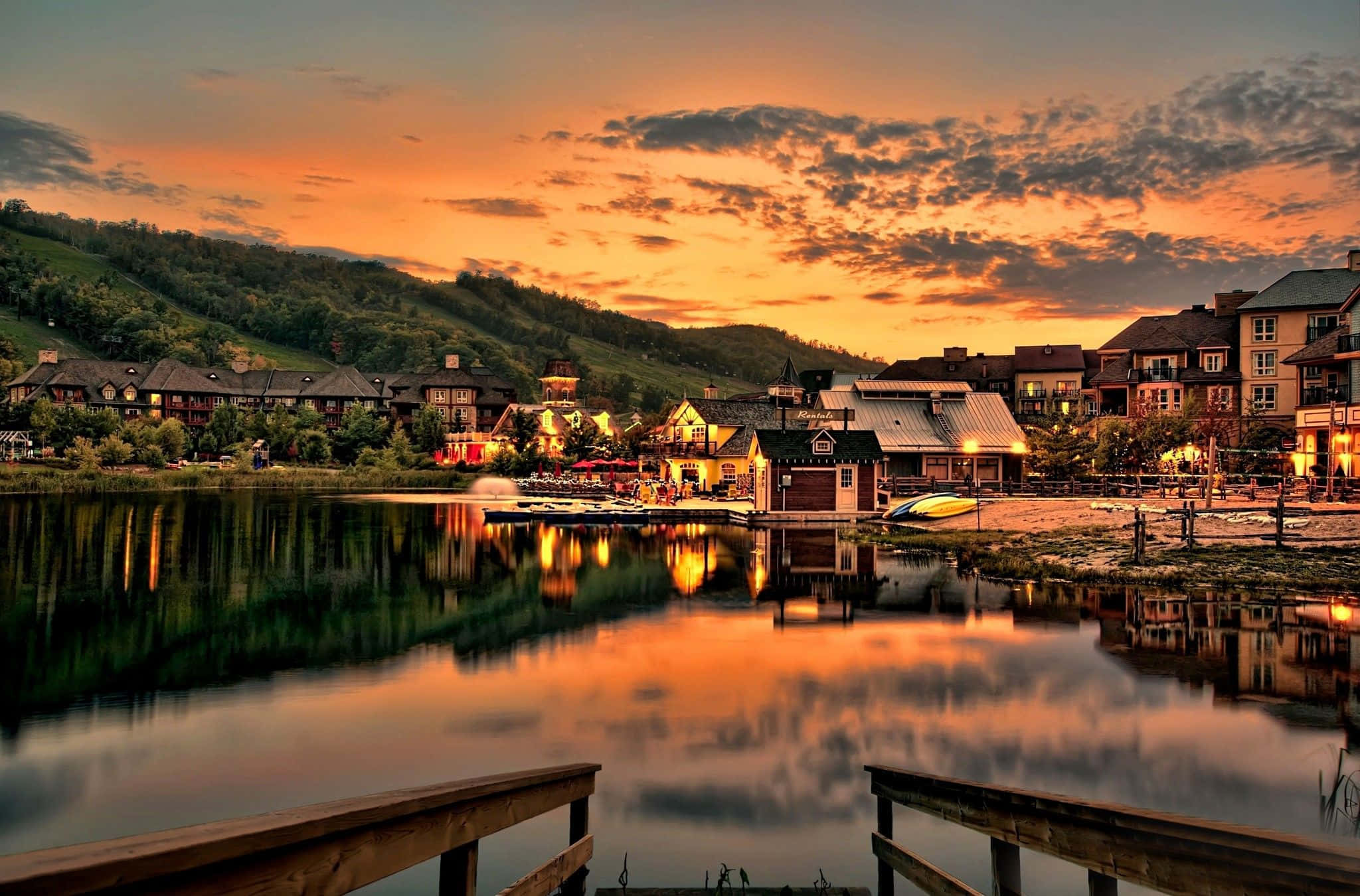 Sunset Hues, lakeside village, sunset, Full HD Desktop Wallpaper