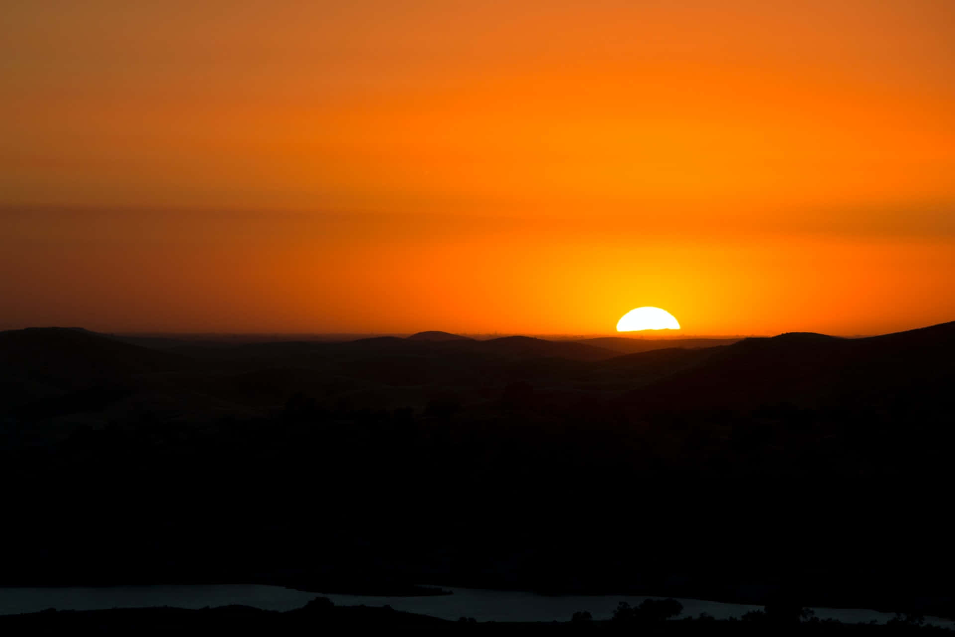 Sunset Hues, fiery orange sunset, silhouetted hills, Full HD Desktop Wallpaper