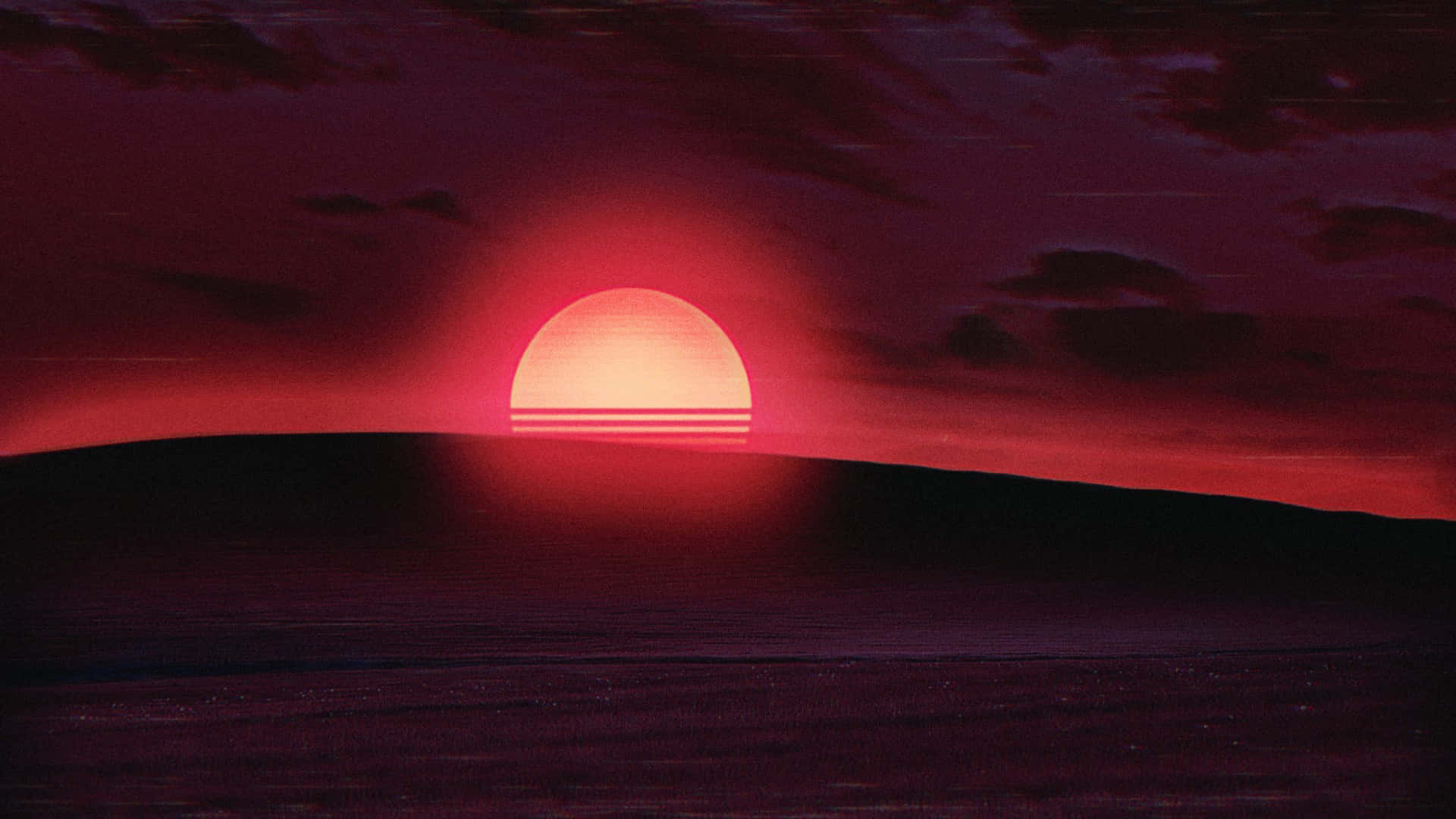 crimson sunset silhouette, glowing red sun, dark hill, Full HD Desktop Wallpaper