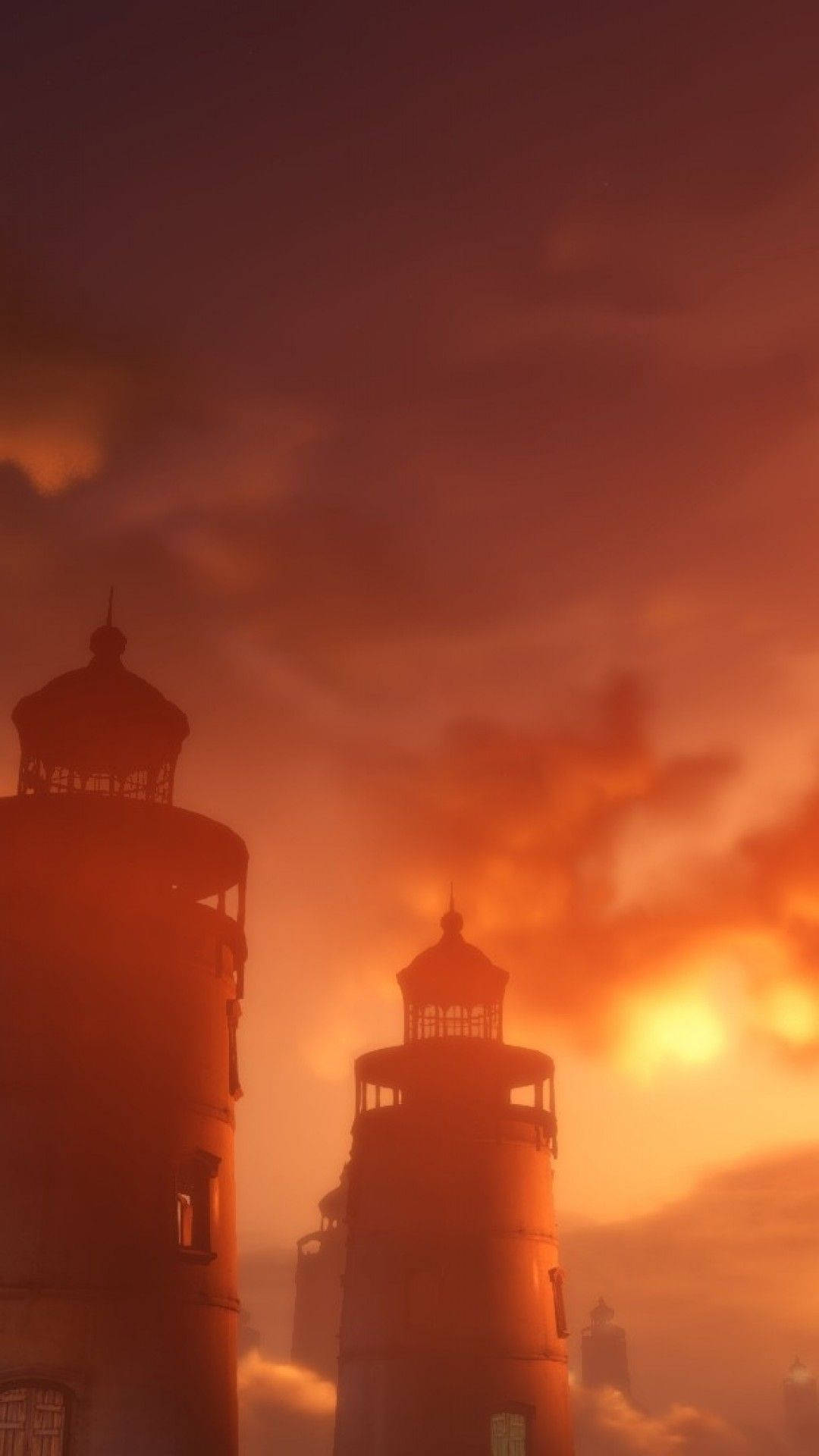 Sunset iPhone, lighthouses, fiery orange sunset, Full HD Phone Wallpaper