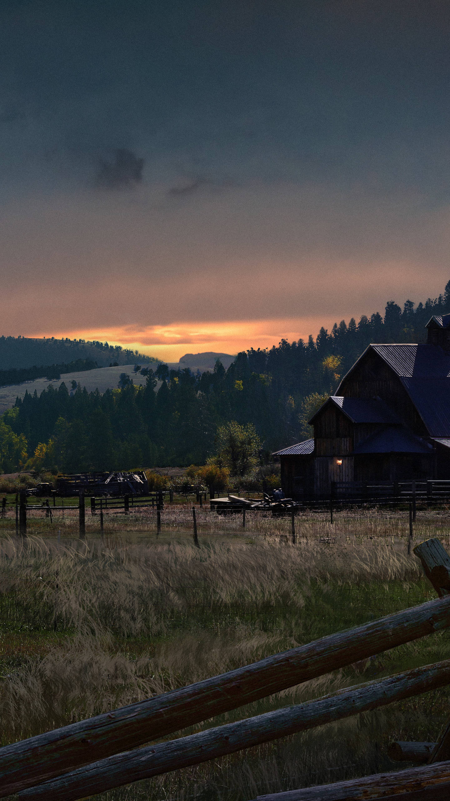 Sunset, iPhone, rustic wooden barn, 2K Phone Wallpaper