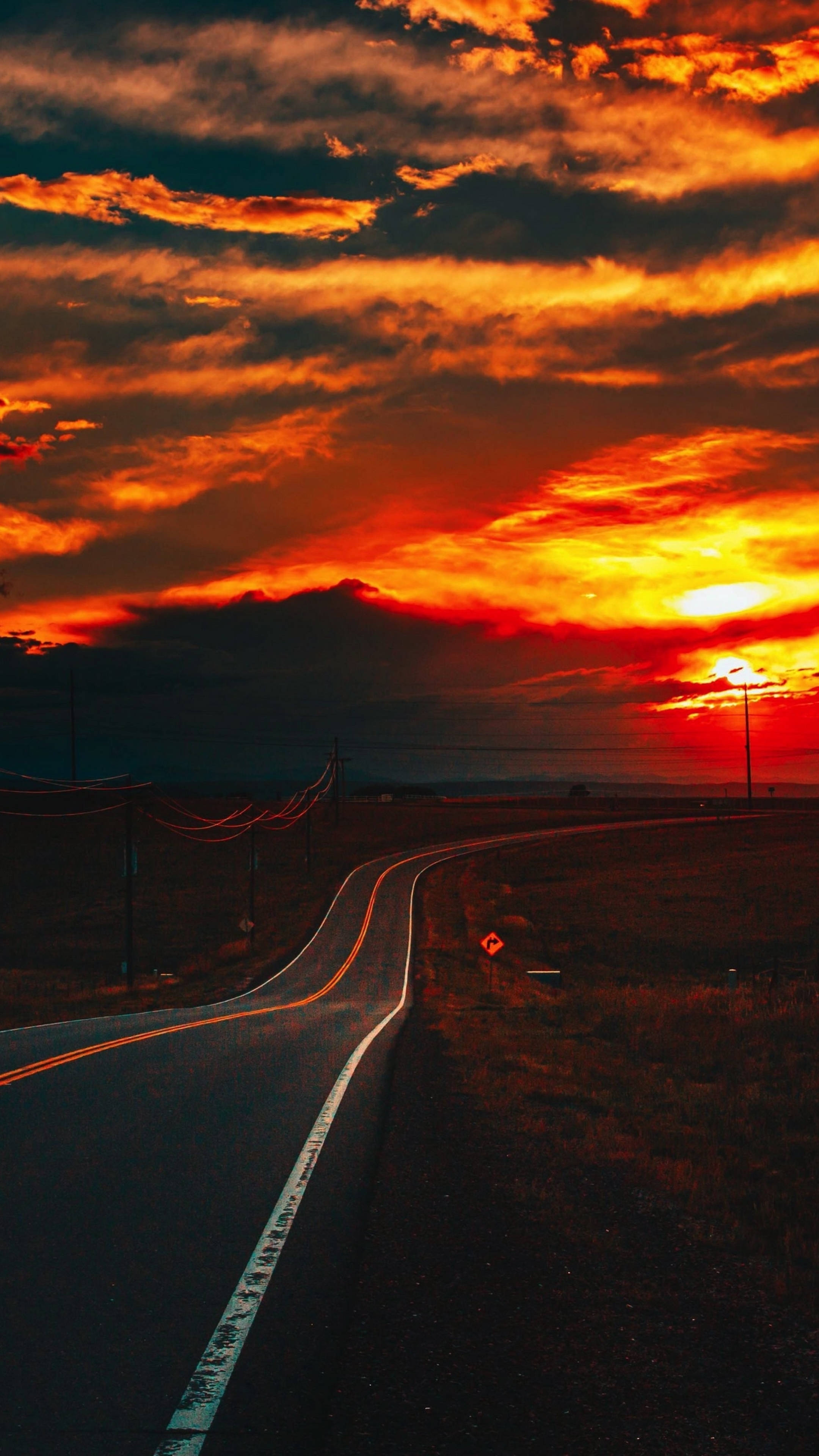Road, sunset, fiery orange and red sunset sky, 4K Phone Wallpaper
