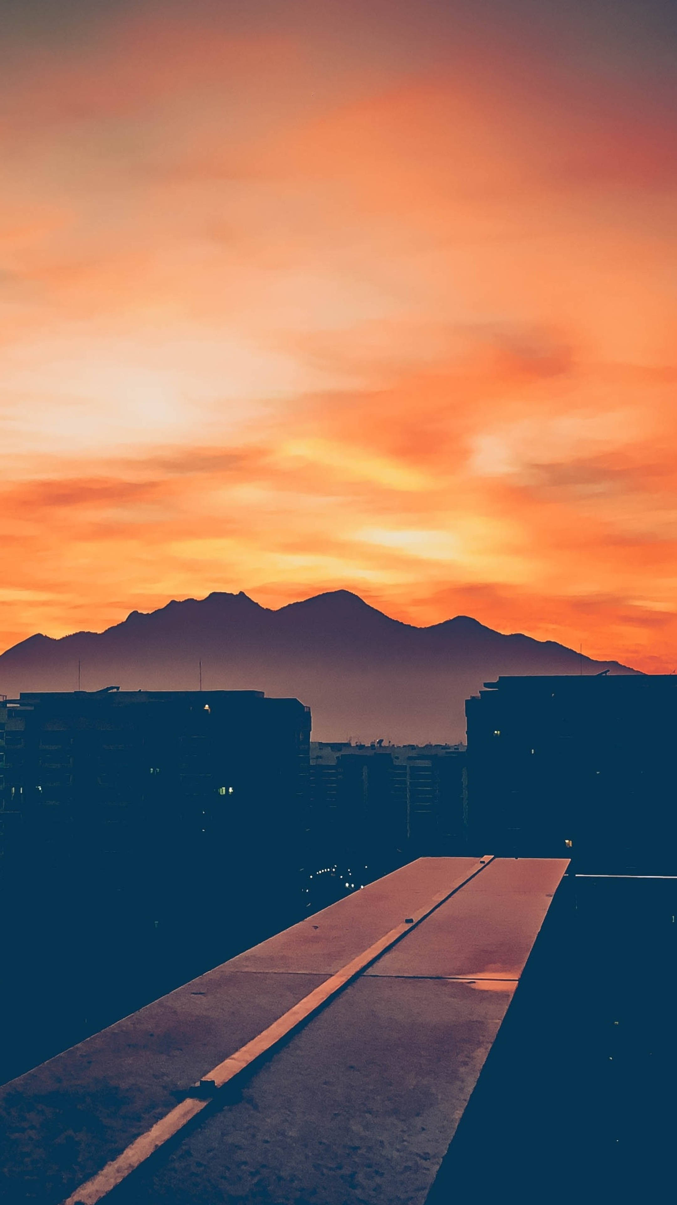 Sunset, rooftop, fiery orange clouds, 4K Phone Wallpaper