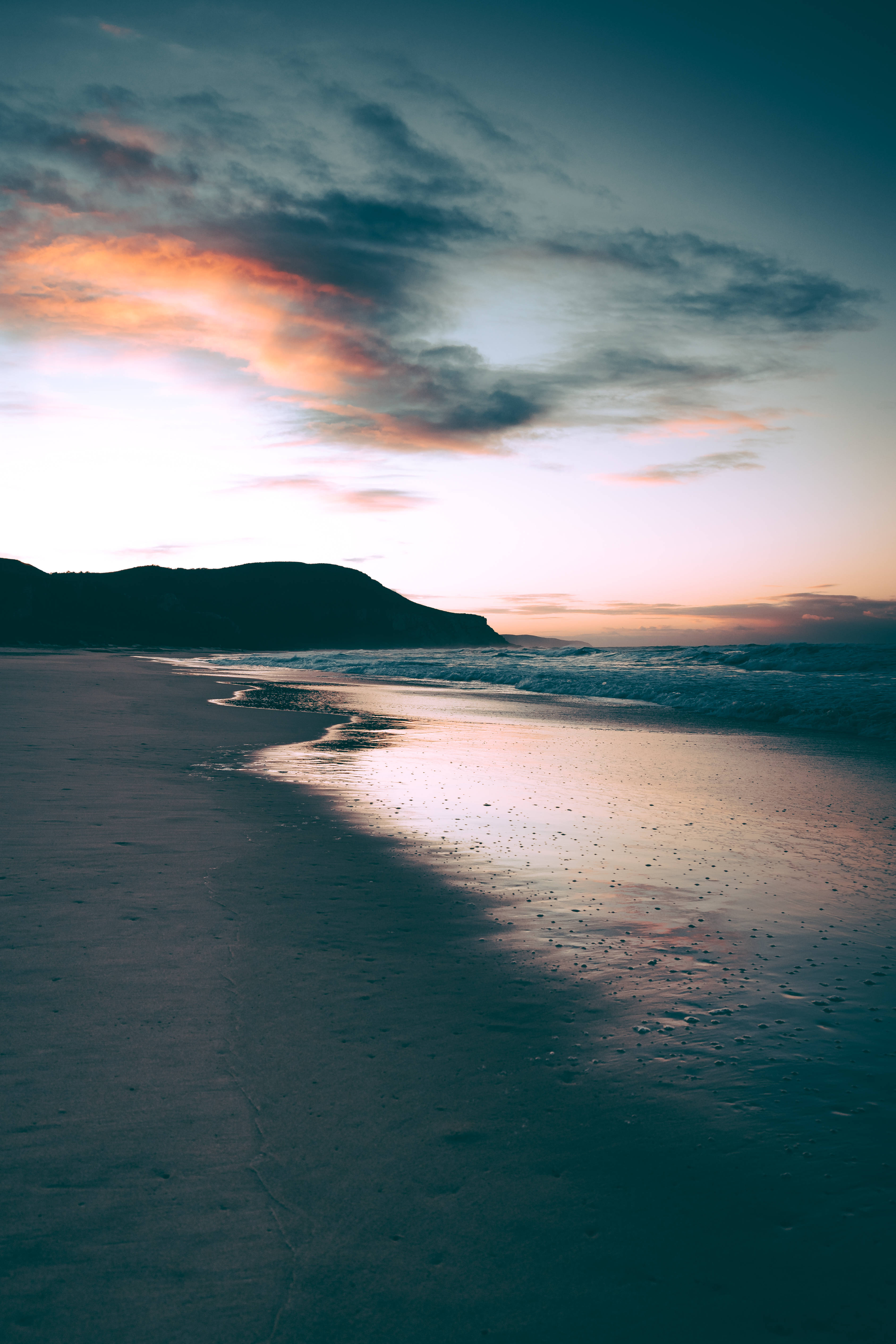 Sunset, beach, gentle waves, 5K Phone Wallpaper