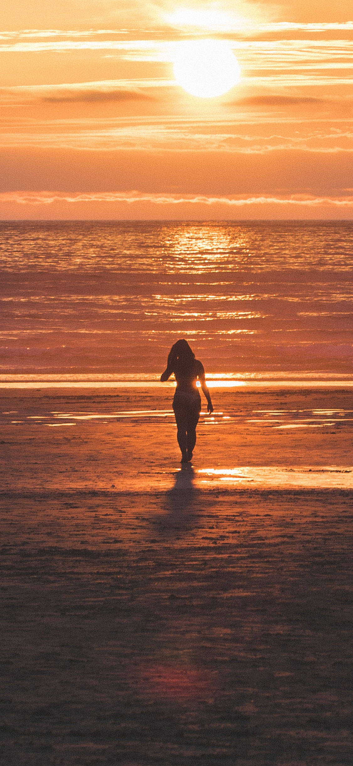beach girl, golden sunset, wet beach, Full HD Phone Wallpaper
