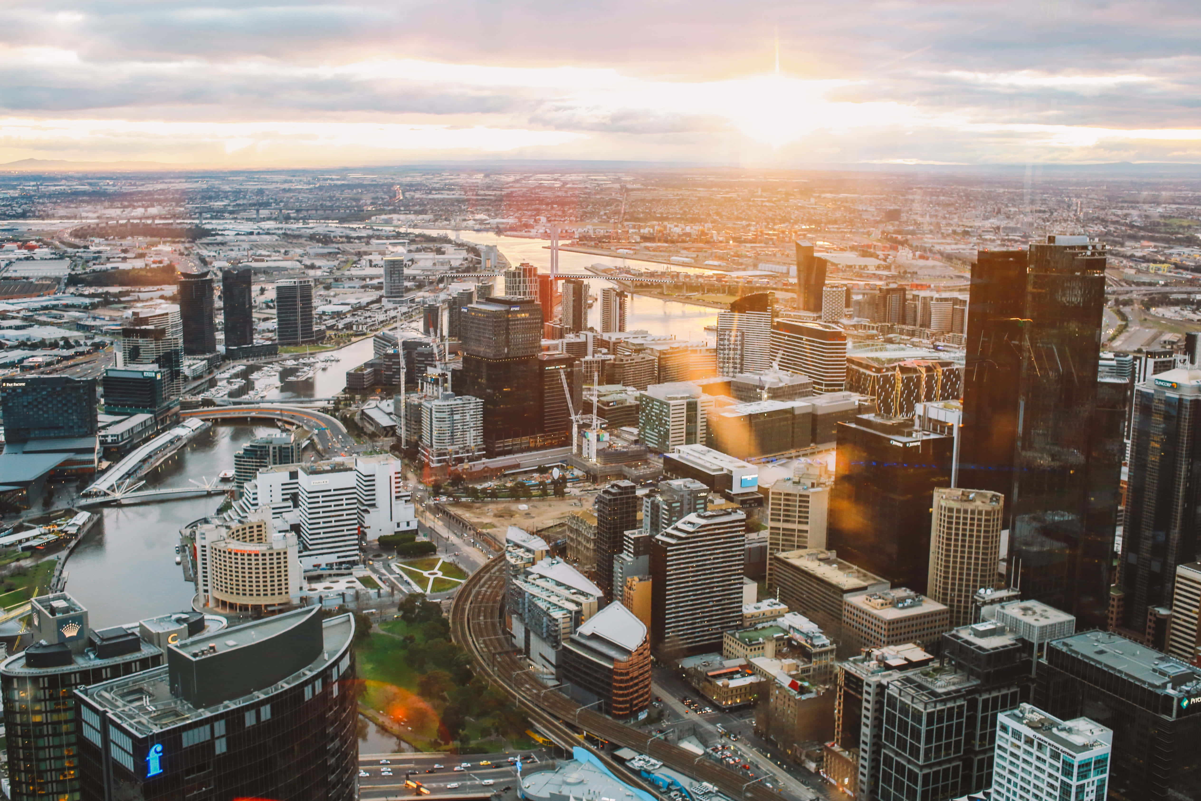 sunset landscape, golden light, skyscrapers, 4K Desktop Wallpaper