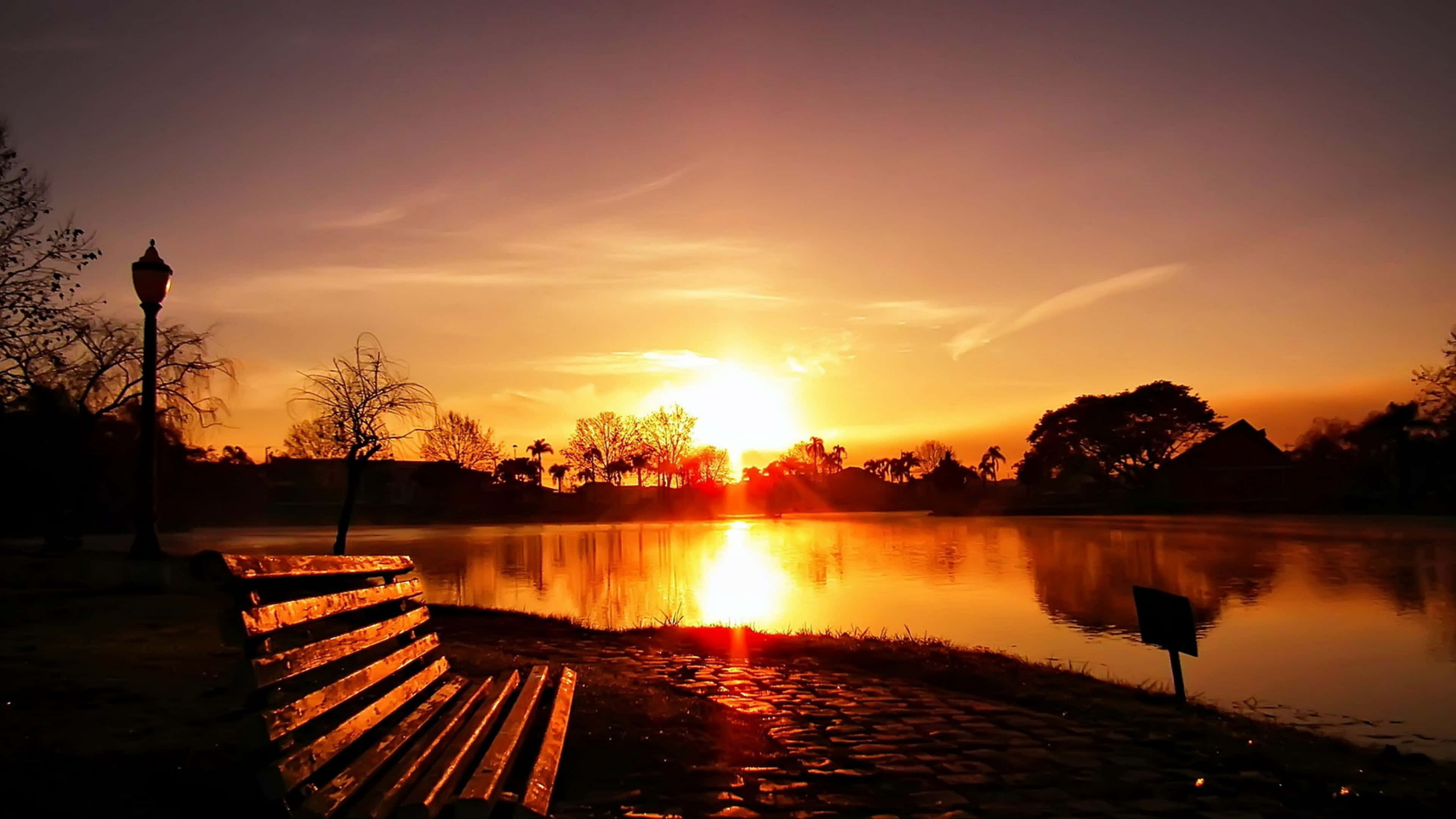 sunset landscape, wooden bench, tranquil lake, 4K Desktop Wallpaper