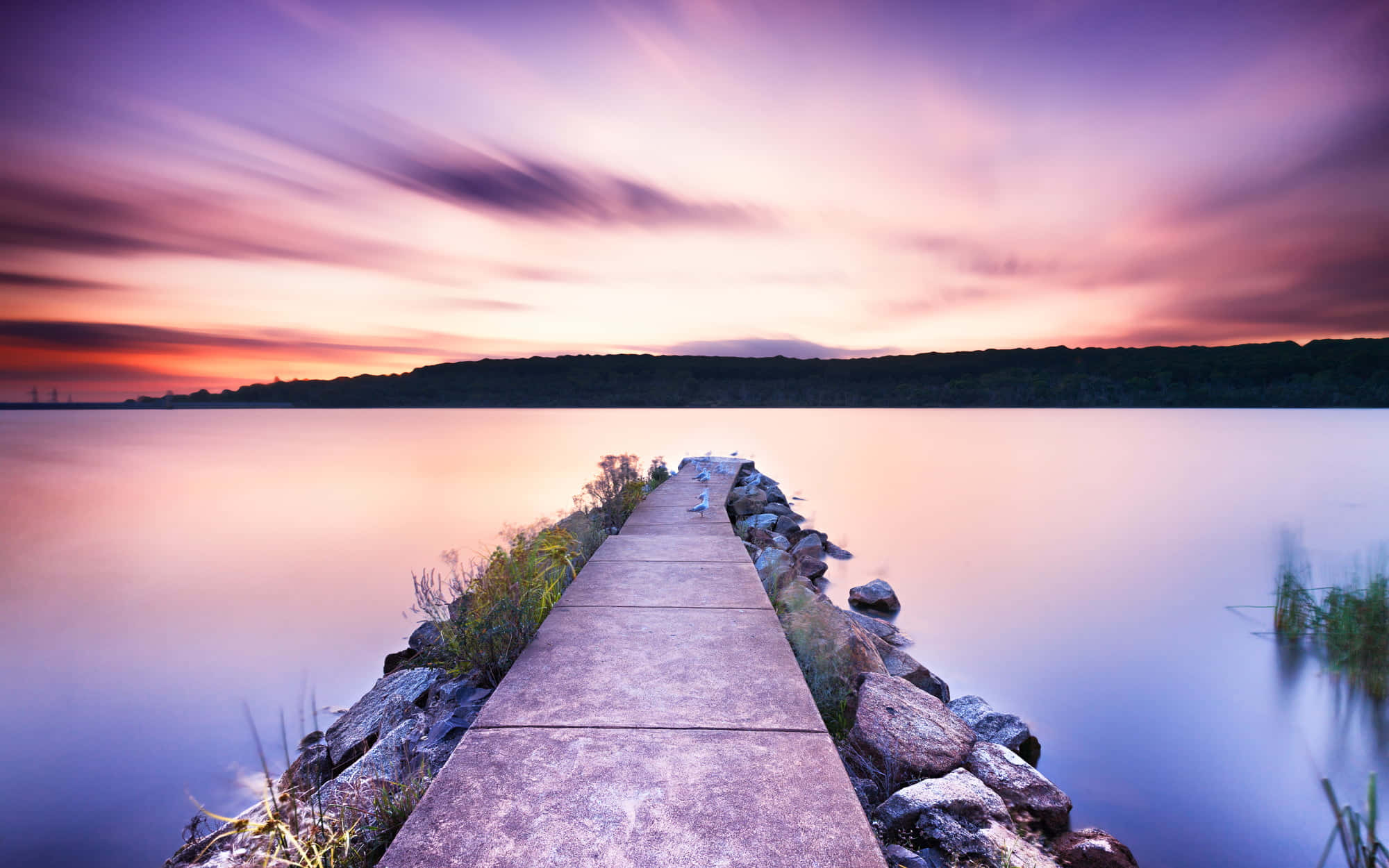 sunset landscape, vibrant purple and orange sunset sky, long concrete pier, Full HD Desktop Wallpaper