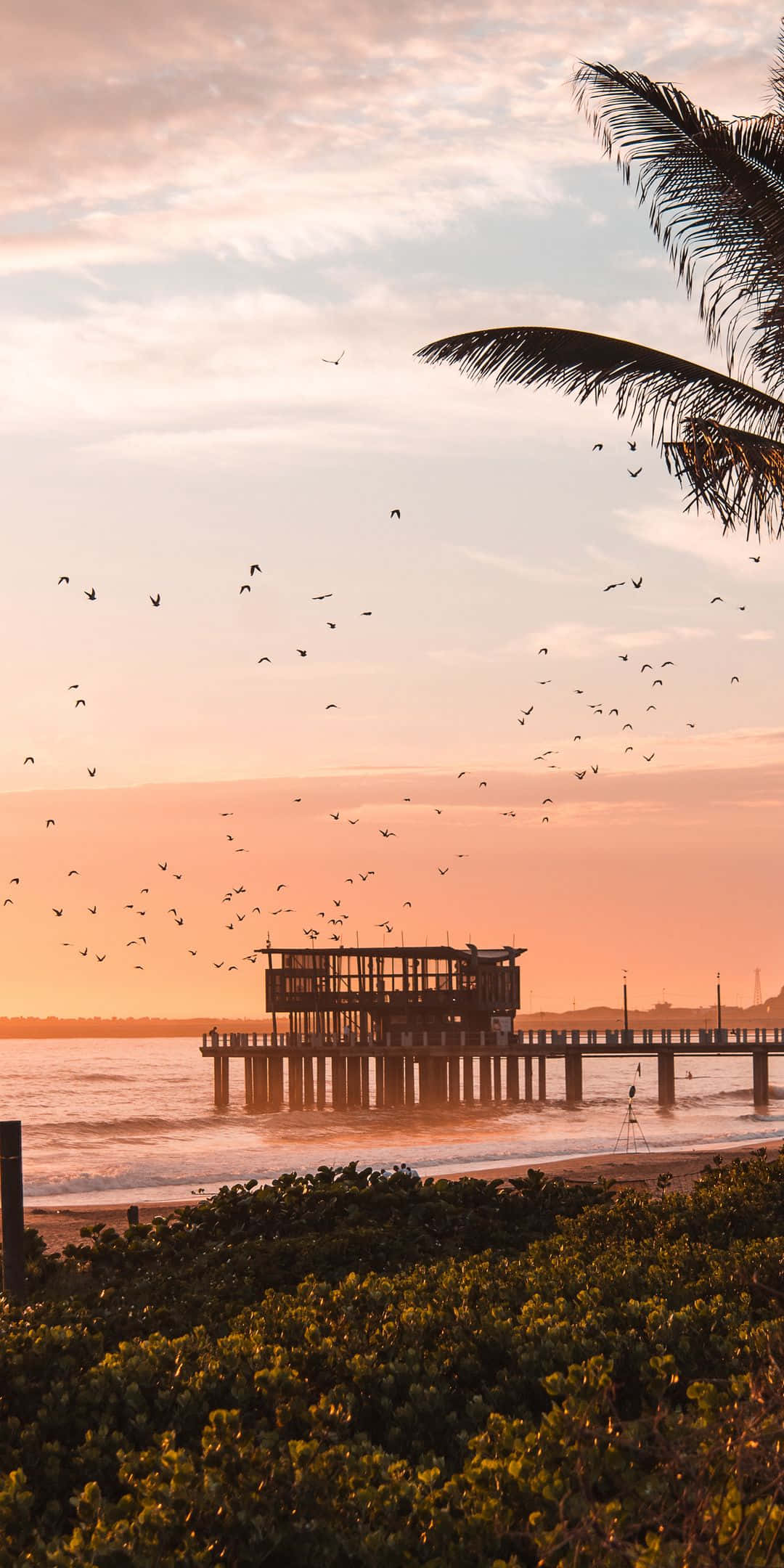 Sunset, beach, wooden pier, Full HD Phone Wallpaper