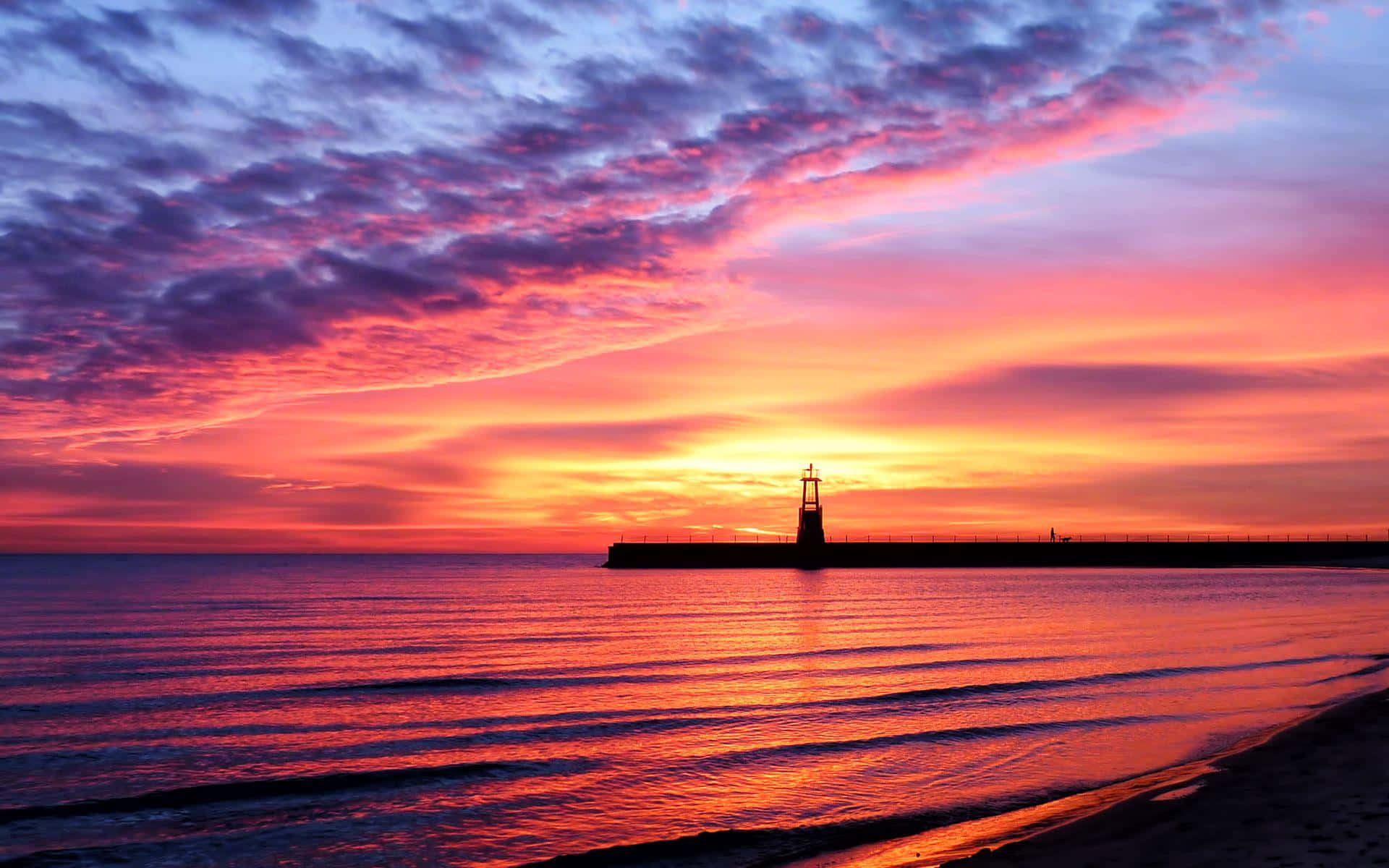 sunset landscape, lighthouse, pier, Full HD Desktop Wallpaper