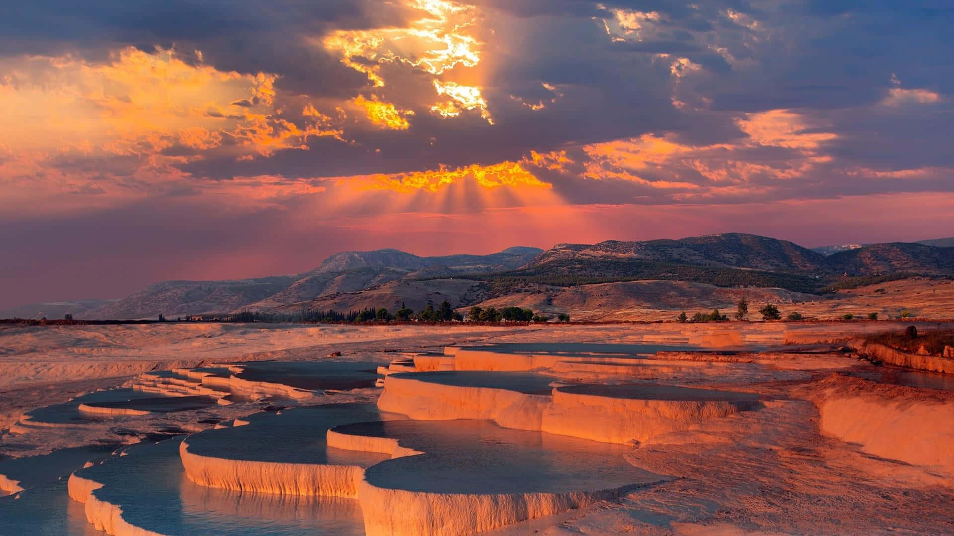Sunset Landscape, golden rays, terraced hot springs, Full HD Desktop Wallpaper