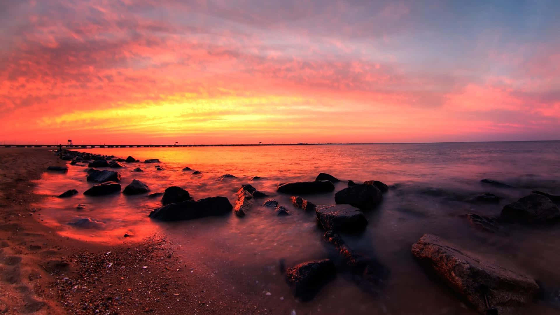 sunset landscape, ocean, rocky shore, Full HD Desktop Wallpaper