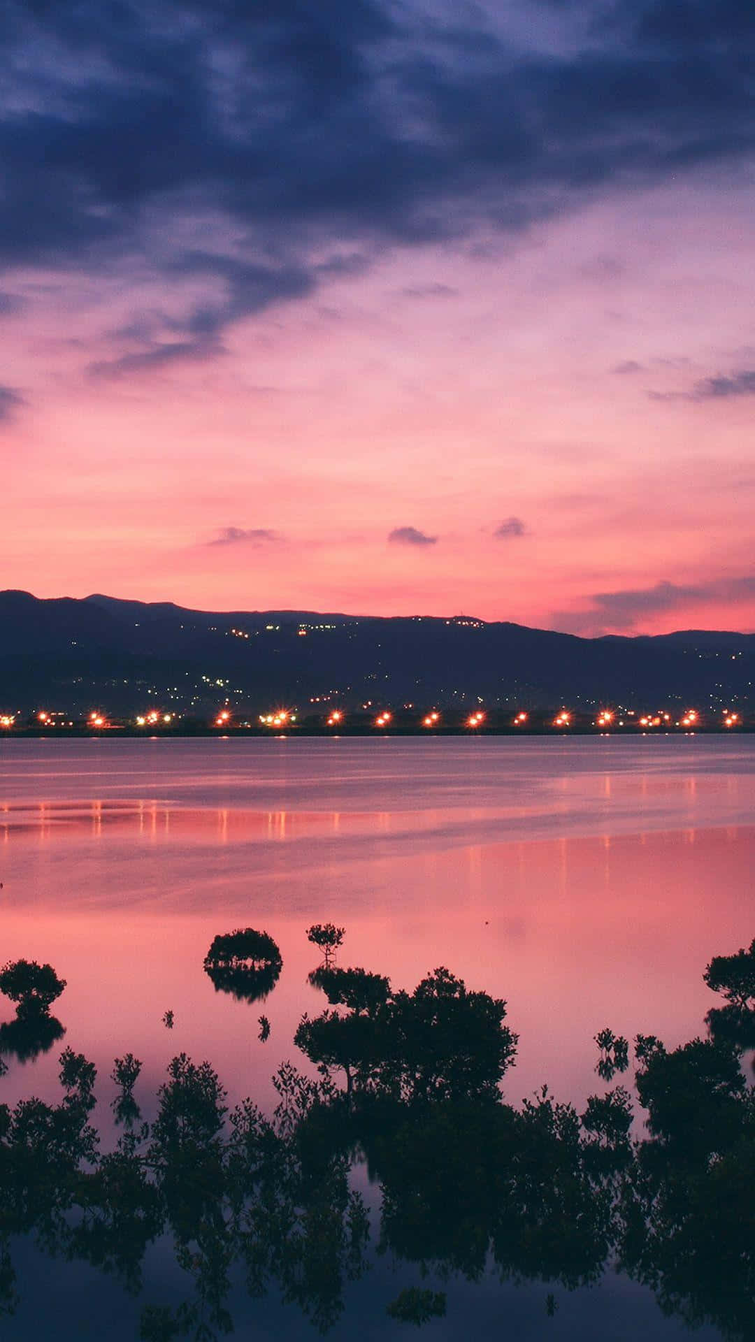 sunset landscape, twilight lake, vibrant pink and purple sky, Full HD Phone Wallpaper