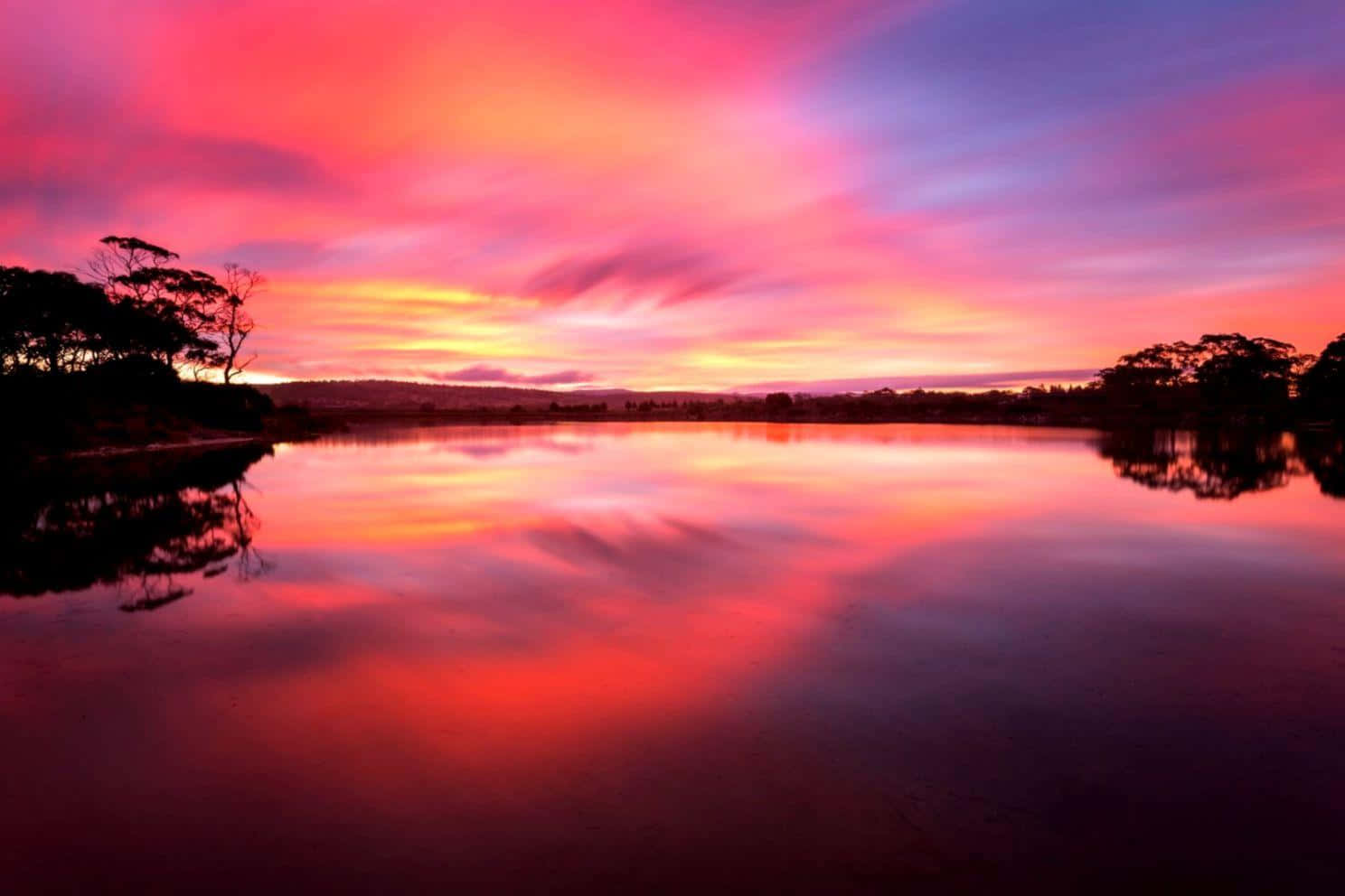 sunset landscape, fiery sunset sky, pink orange and purple, HD Desktop Wallpaper