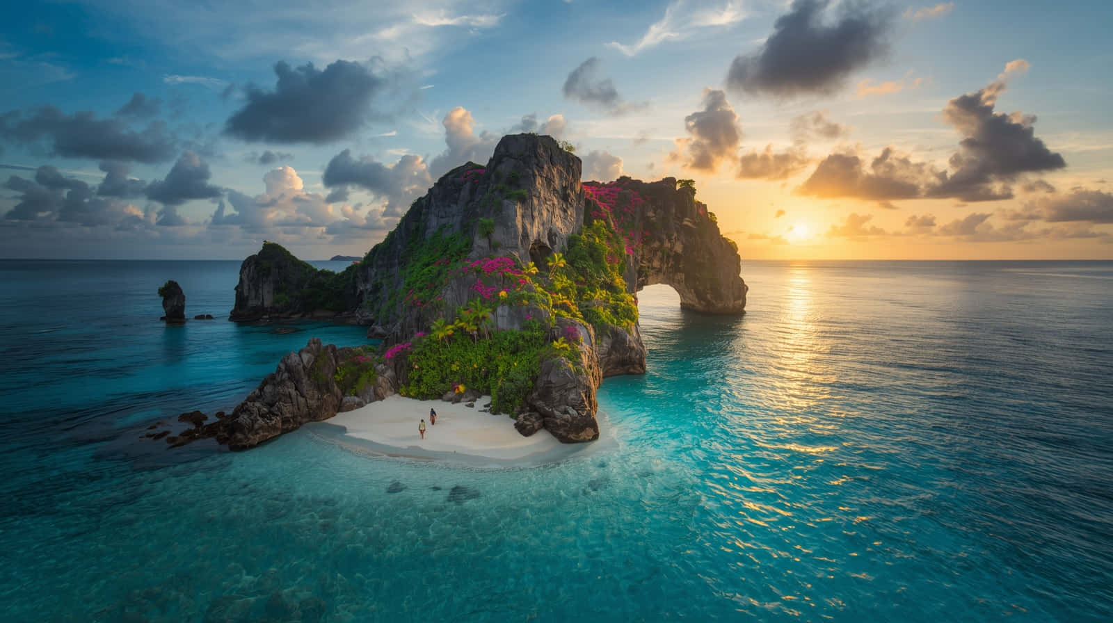 tropical island, palm trees, natural rock arch, HD Desktop Wallpaper
