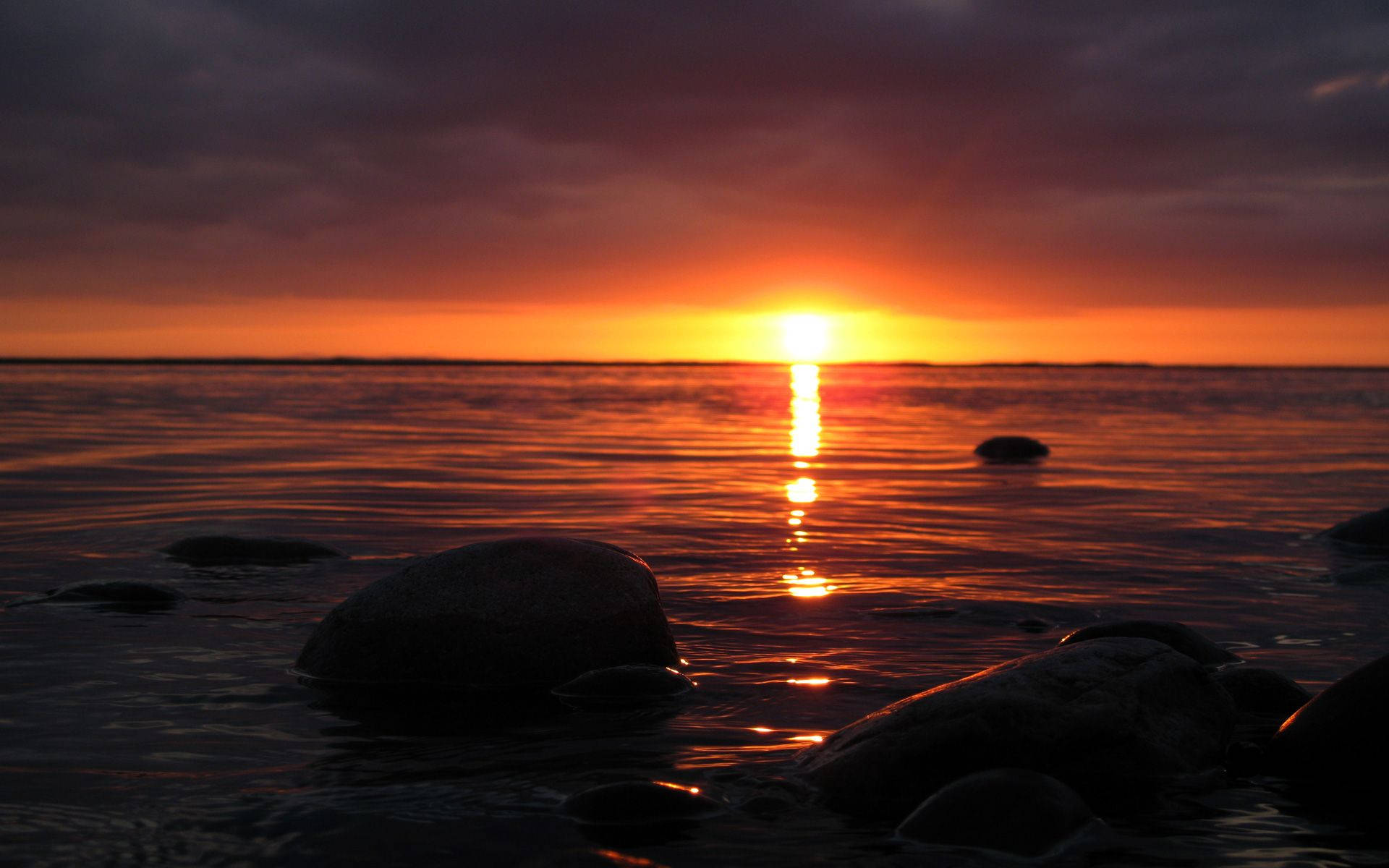Sunset Ocean, fiery sunset, calm waters, Full HD Desktop Wallpaper