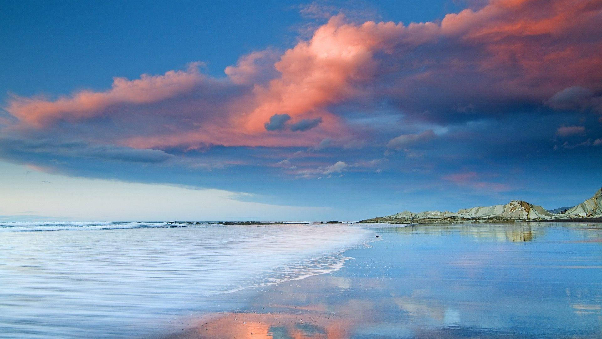 pastel blue sky, soft clouds, ocean sunset, Full HD Desktop Wallpaper