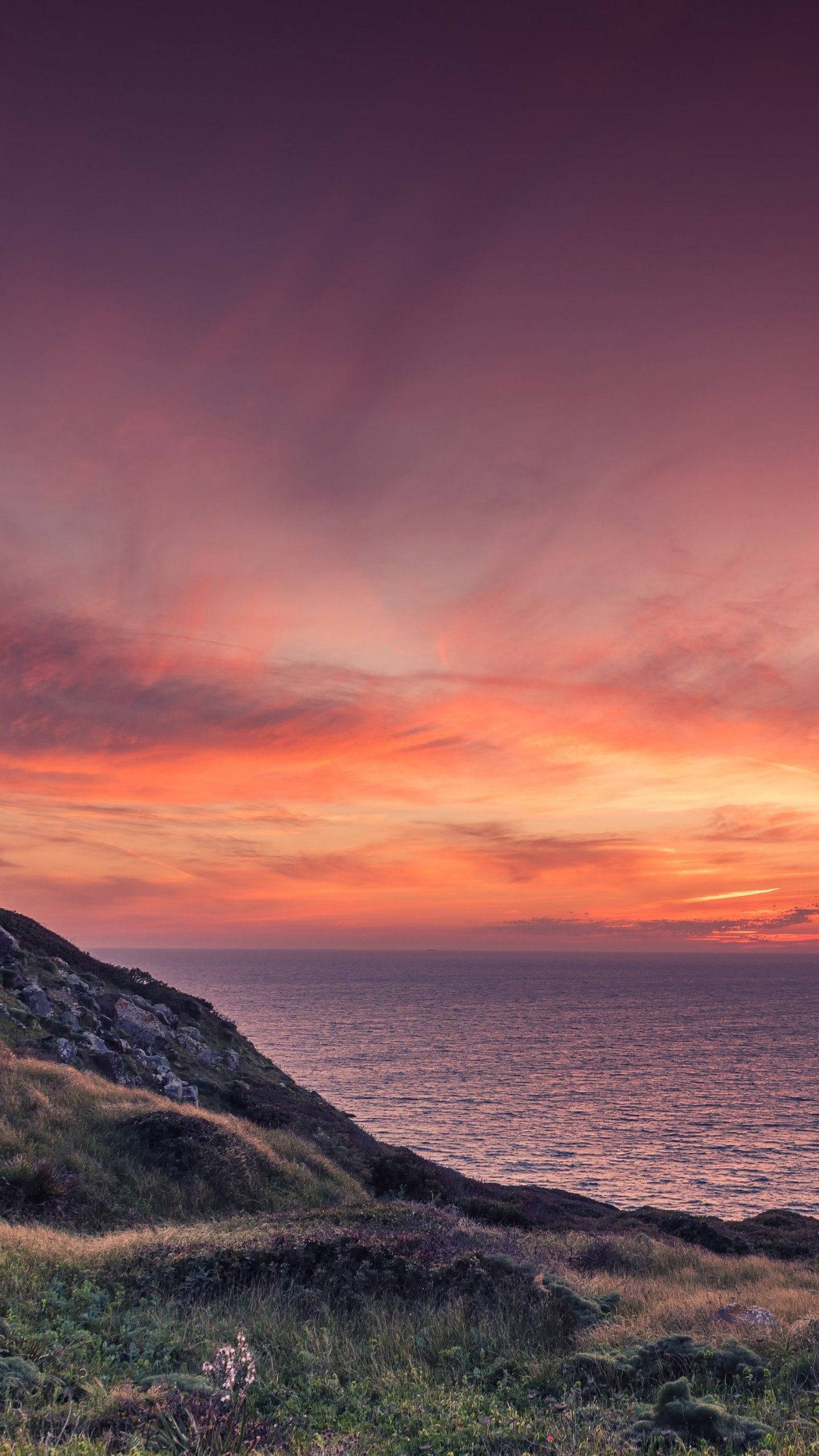 Mountainside Sunset Ocean, fiery orange, deep purple, 2K Phone Wallpaper